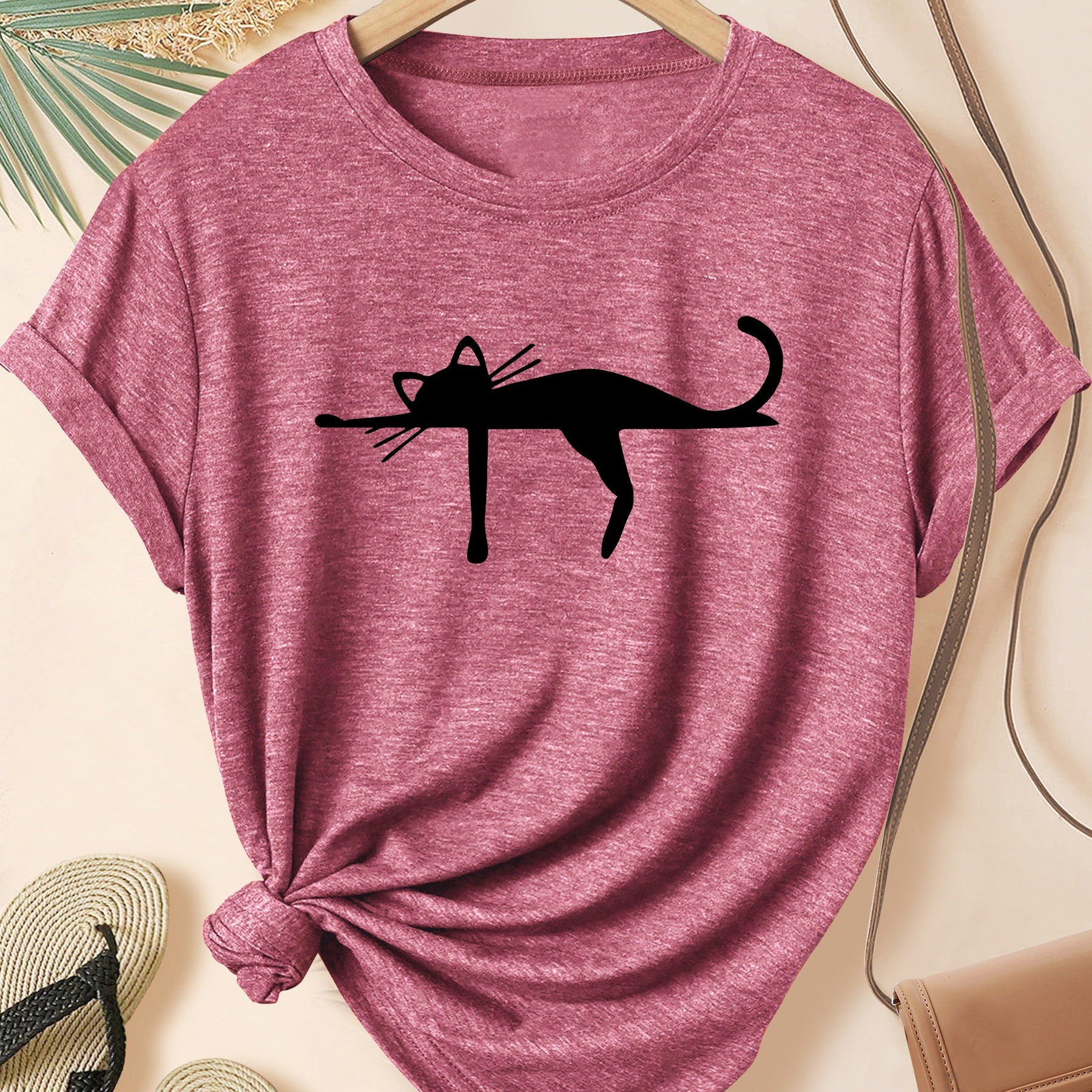 

Women's Cute Cat Print T-shirt - Casual Round Neck, Short Sleeve Top In Pink - Soft, Machine Washable - Spring/summer/fall