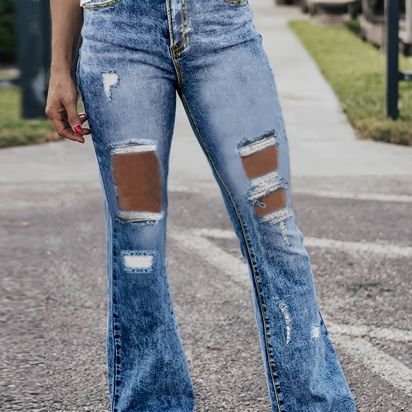 Blue Frayed Trim Flare Jeans Bell Bottom Distressed High - Temu Germany