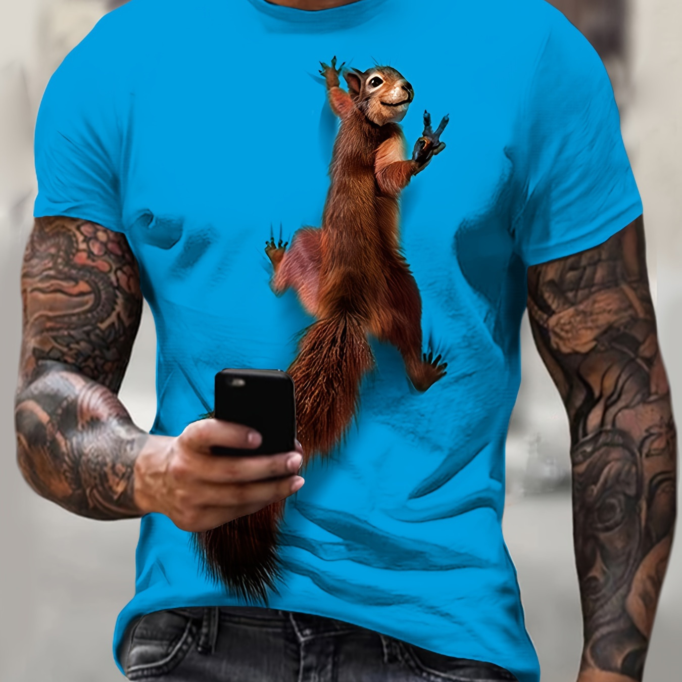 

Cute Squirrel Pattern Men's Creative Casual Short Sleeve Crew Neck T-shirt, Summer Outdoor