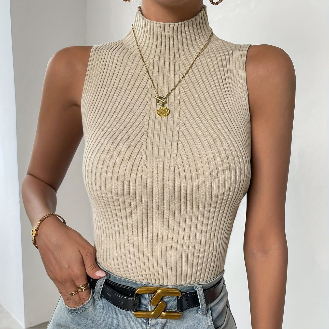 

Solid Color Ribbed Knit Top, Casual Mock Neck Sleeveless Slim Top For Spring & Summer, Women's Clothing