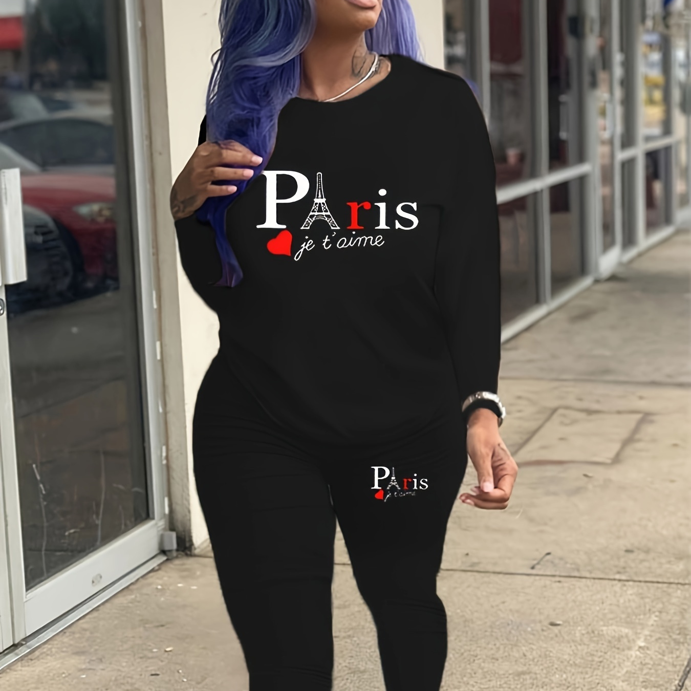 

Paris Letter Print Two-piece Set, Crew Neck Long Sleeve Tops & Slim Long Length Pants Outfits, Women's Clothing