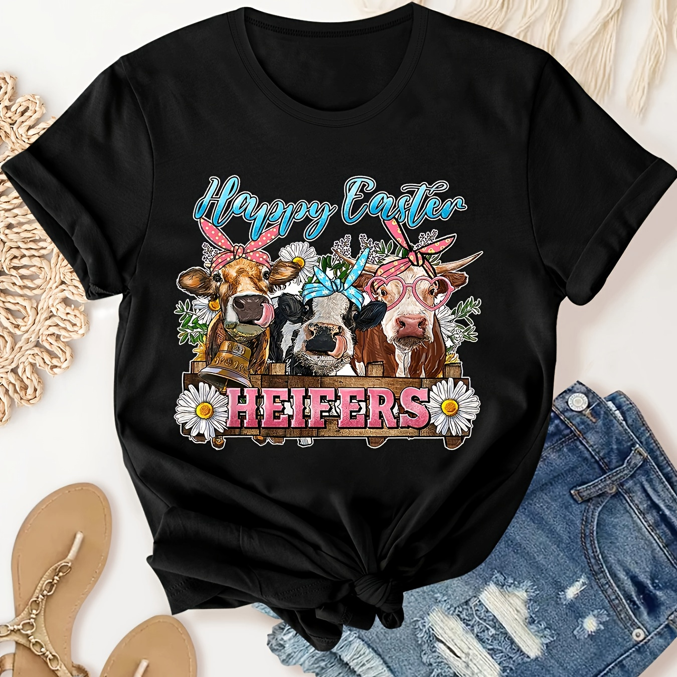 

Happy Easter Heifers Floral Cow Print Casual Sports T-shirt, Short Sleeve Round Neck Workout Tops, Women's Activewear