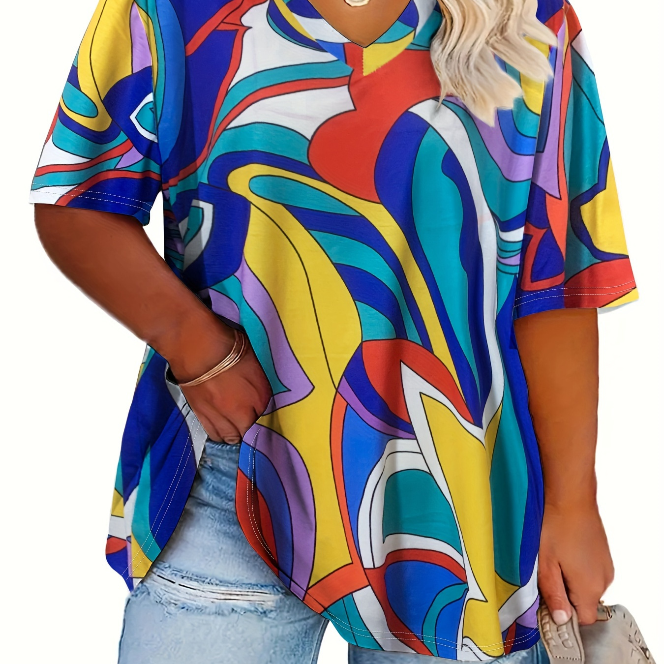 

Plus Size Colorblock Geometric Print T-shirt, Casual Short Sleeve Top For Spring & Summer, Women's Plus Size Clothing