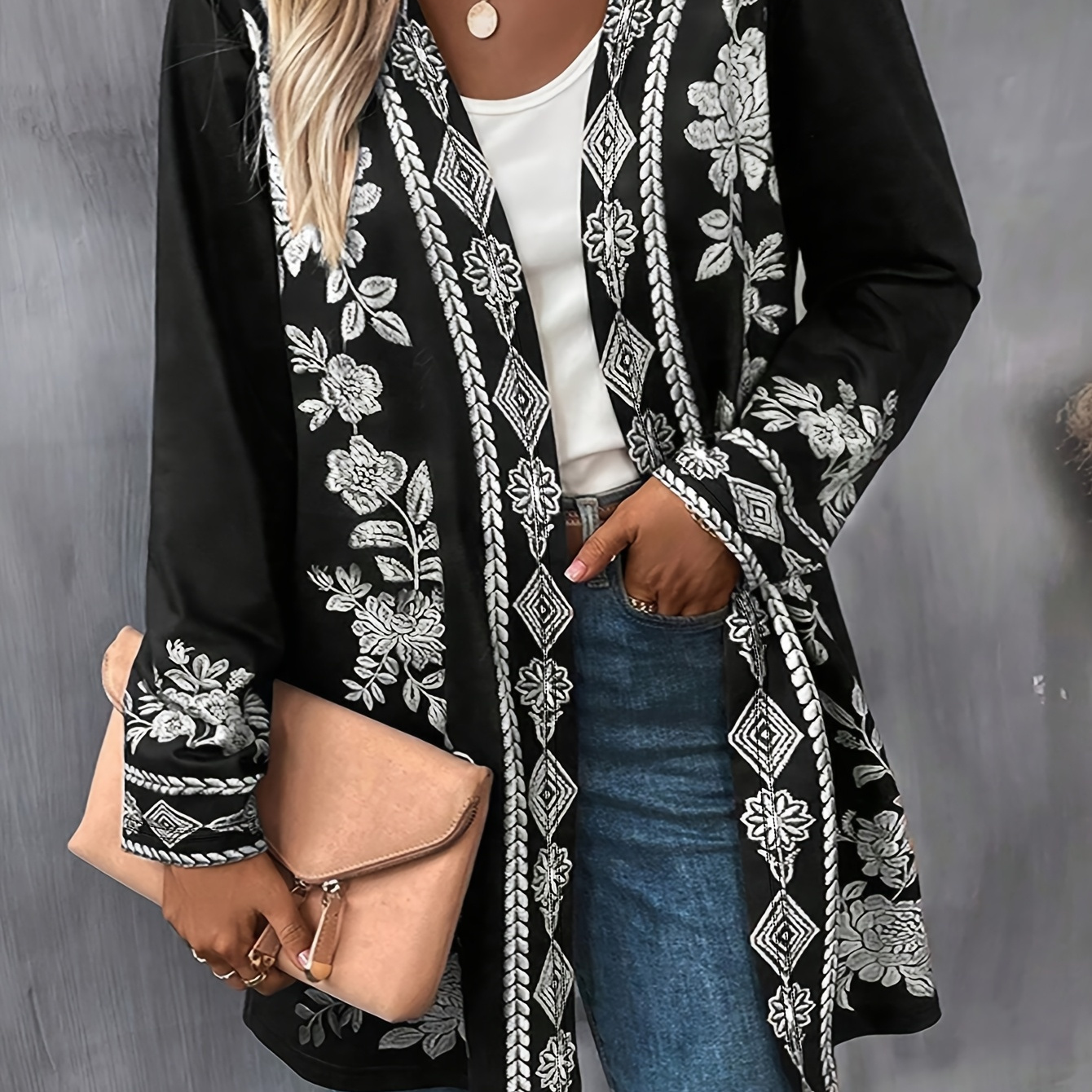 

Chic Floral Print Open Front Cardigan - Casual Long Sleeve, Plus Size Women' For Spring & Fall, Spring & Fall, Casual