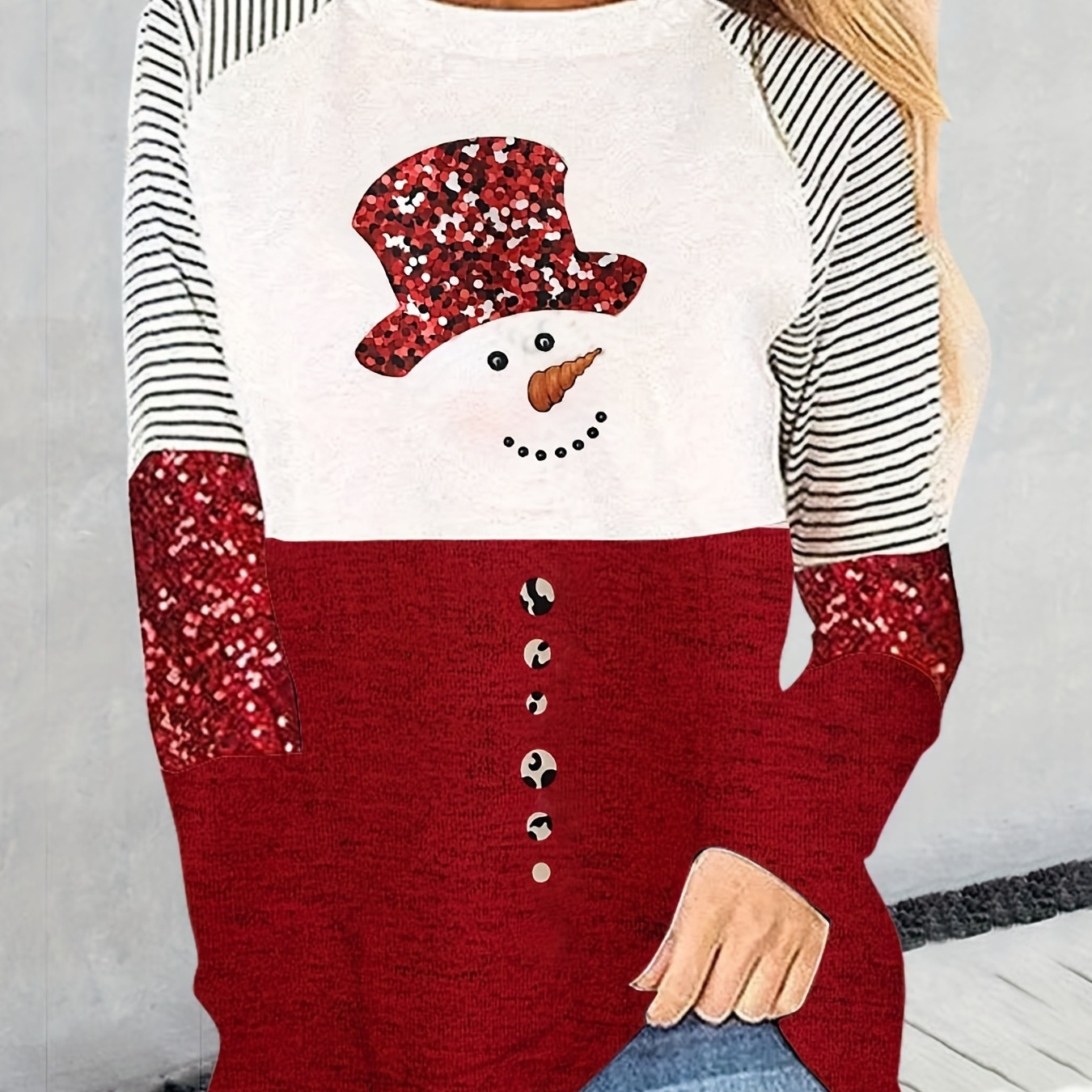 

Snowman Pattern Crew Neck T-shirt, Casual Long Sleeve Top For Spring & Fall, Women's Clothing