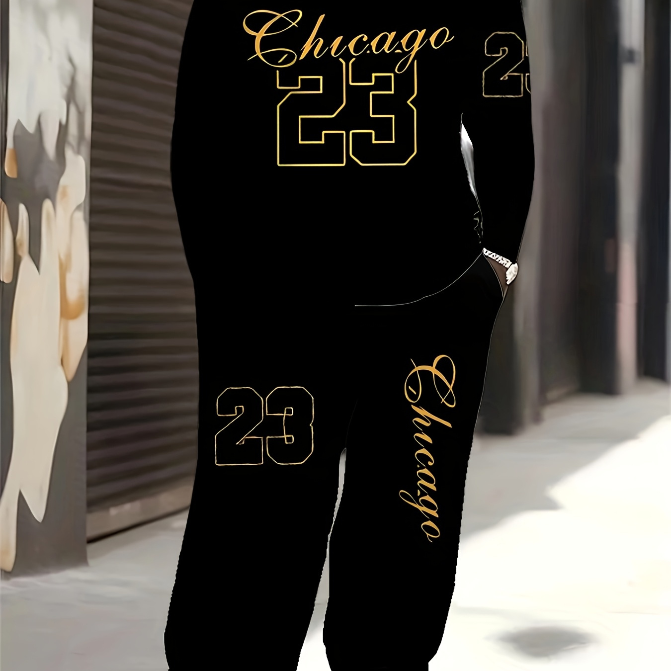 

2pcs, Chicago 23 Print, Men's Casual Plus Size Sweatsuit, Crew Neck Long Sleeve Sweatshirt & Sweatpants Set, Men's Outdoor Sports Set & Trendy Outfit For