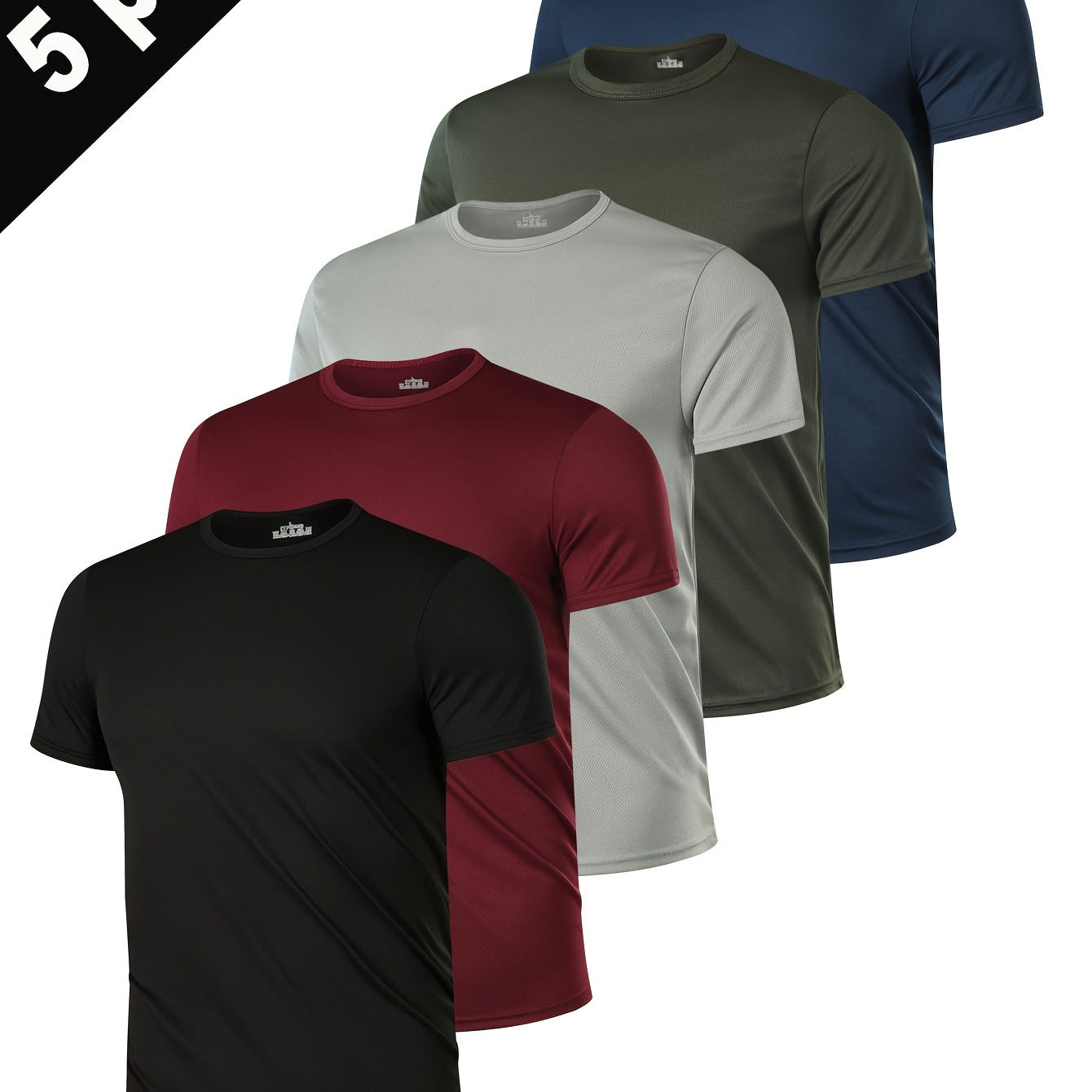 

5pcs Men' Solid Color Crew Neck T-shirts - Quick-drying, Moisture-wicking, Breathable, Soft Polyester, Ideal For Fitness & Outdoor Activities