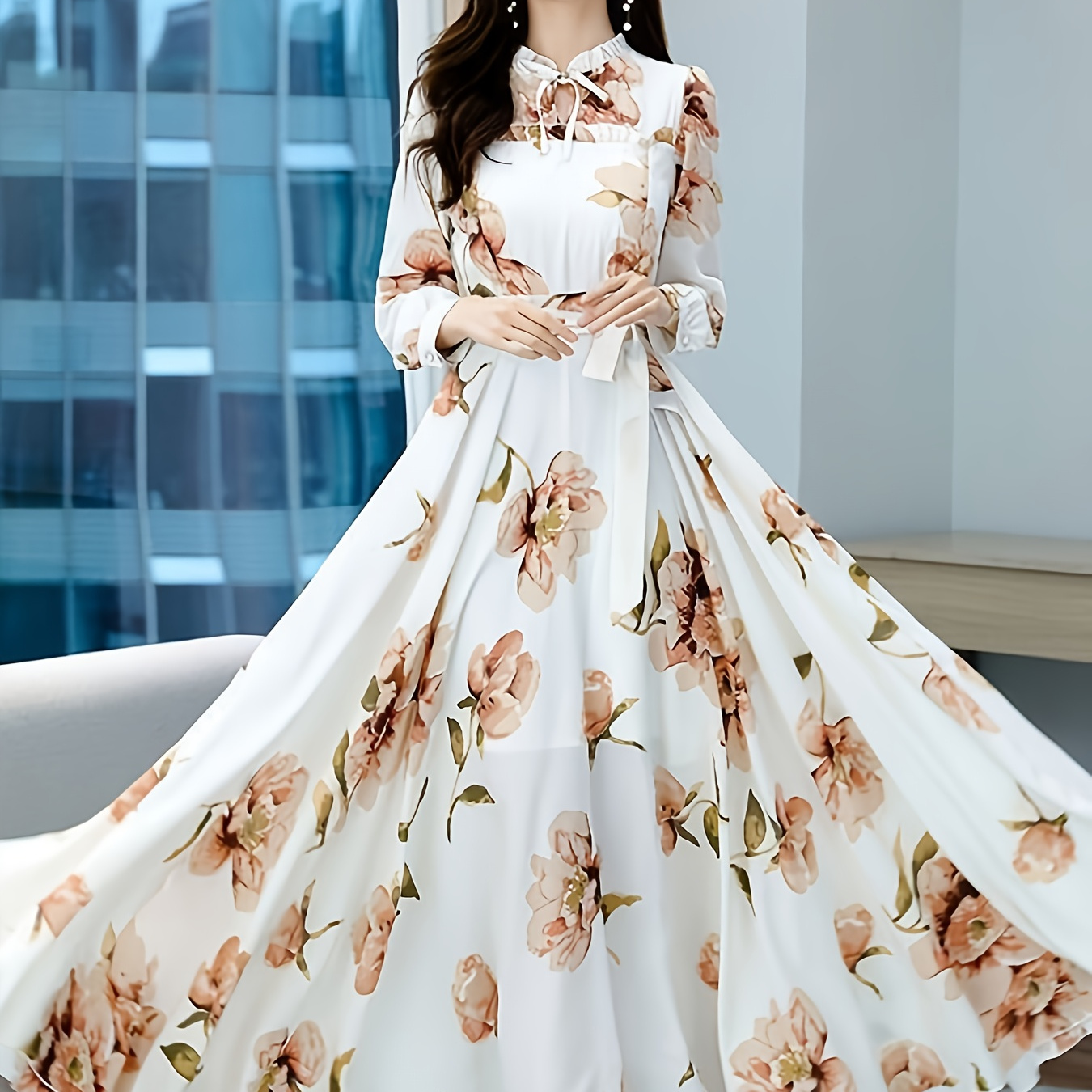 

Elegant Floral Print A-line Dress For Women - V-neck, Pleated Waist Detail, Slimming Effect, Long Flowing Skirt, Machine Washable, Polyester