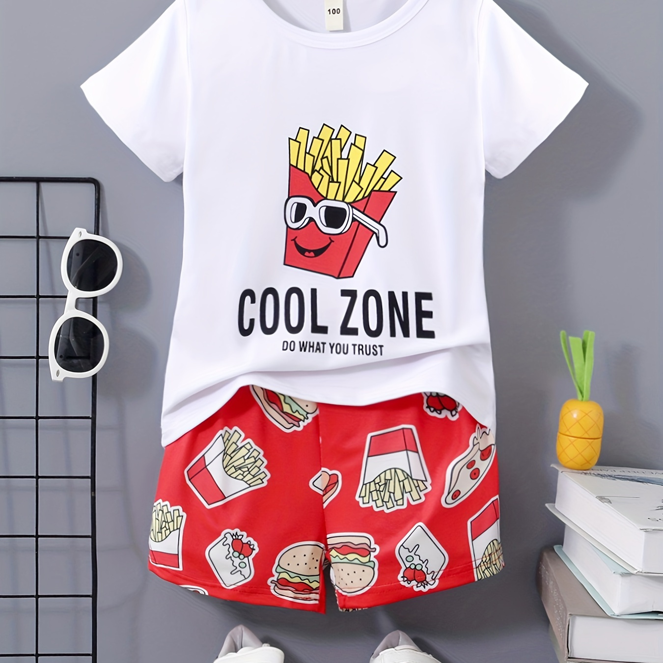 

Boys "cool Zone, Do What You Trust" Fries Ice-cream Print Casual Outfit Round Neck T-shirt & Shorts Kids Summer Clothes Sets