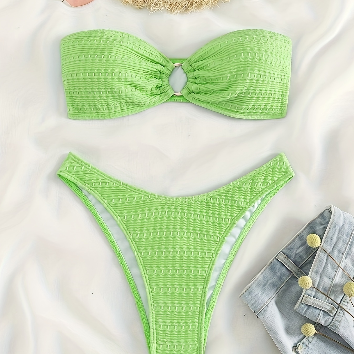 

Solid Color Bandeau 2 Piece Set Bikini, Tube Top Ring-linked High Cut Swimsuits, Women's Swimwear & Clothing
