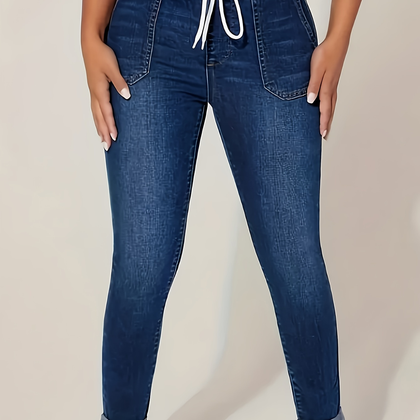 

Women's Plus Size Casual Denim Jeans With Elastic Drawstring Waist And Comfort Stretch Fit