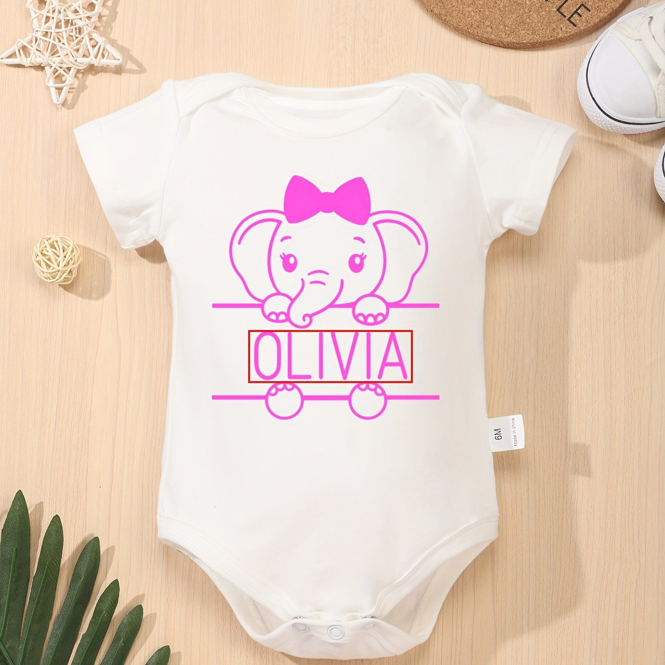 

Customized Baby Name & Elephant Graphic Newborn Infant Short Sleeve Romper Crew Neck Pure Cotton Bodysuit Onesies For Baby Girls Toddler Summer Clothes
