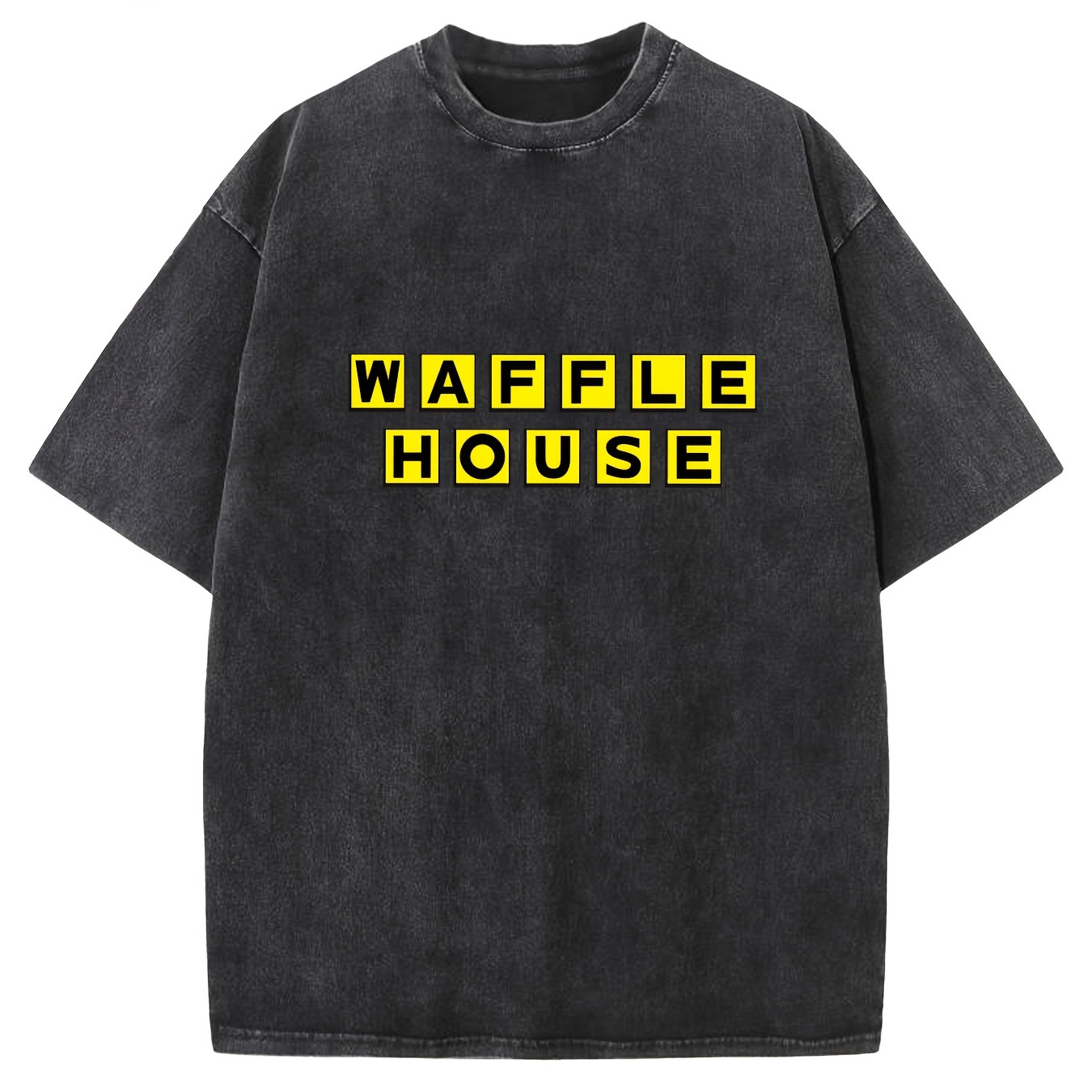 

waffle" Creative Pattern Printing Heavy 230g Pure Cotton Oversized Drop Shoulder T-shirt Washed T-shirt Men's Retro Street T-shirt Loose Hip-hop Unisex Top Acid Wash T-shirt