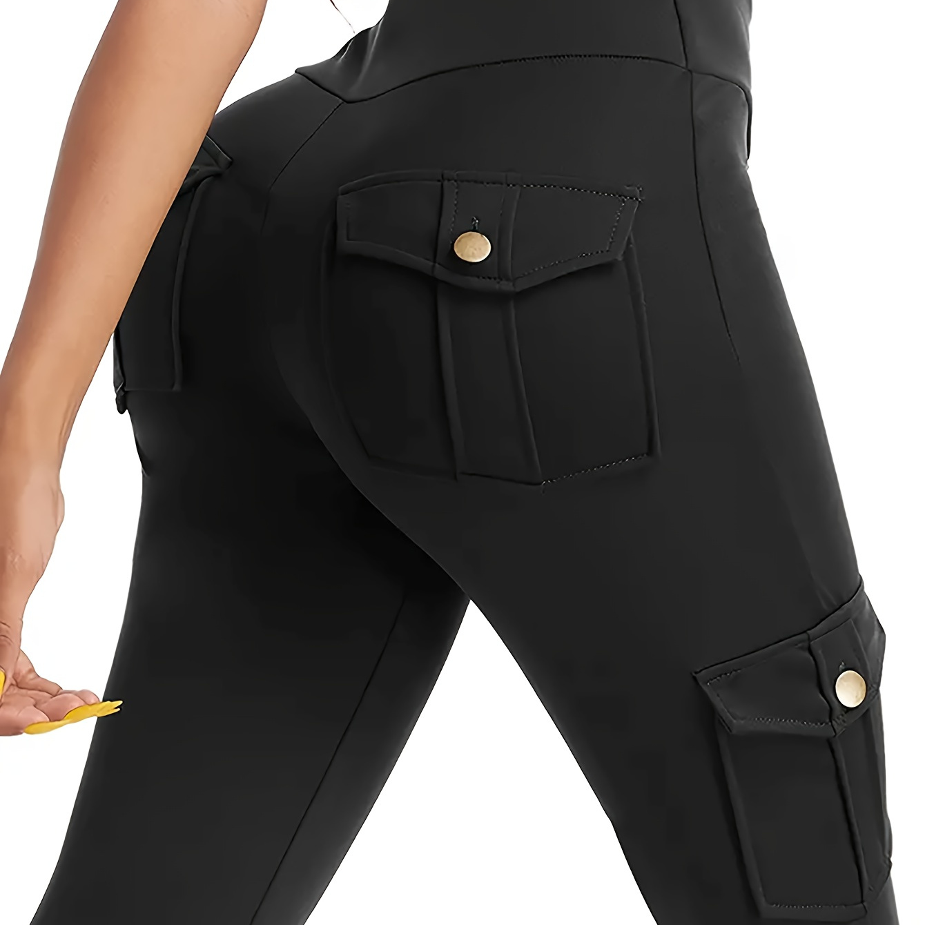 

Solid Color Flap Pockets Leggings, Casual High Waist Skinny Leggings, Women's Clothing