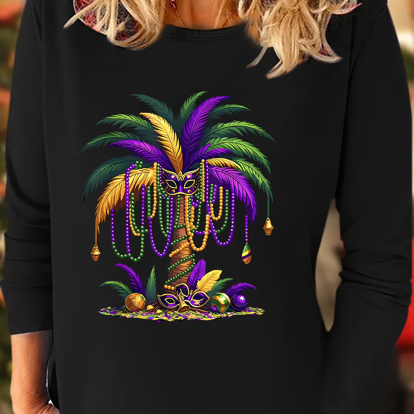 

1pc Mardi Gras Women' Fashion Long Sleeve T-shirt, Crew Neck, Geometric Pattern, Knit Fabric, Polyester And Spandex , Slight Stretch, For All Season