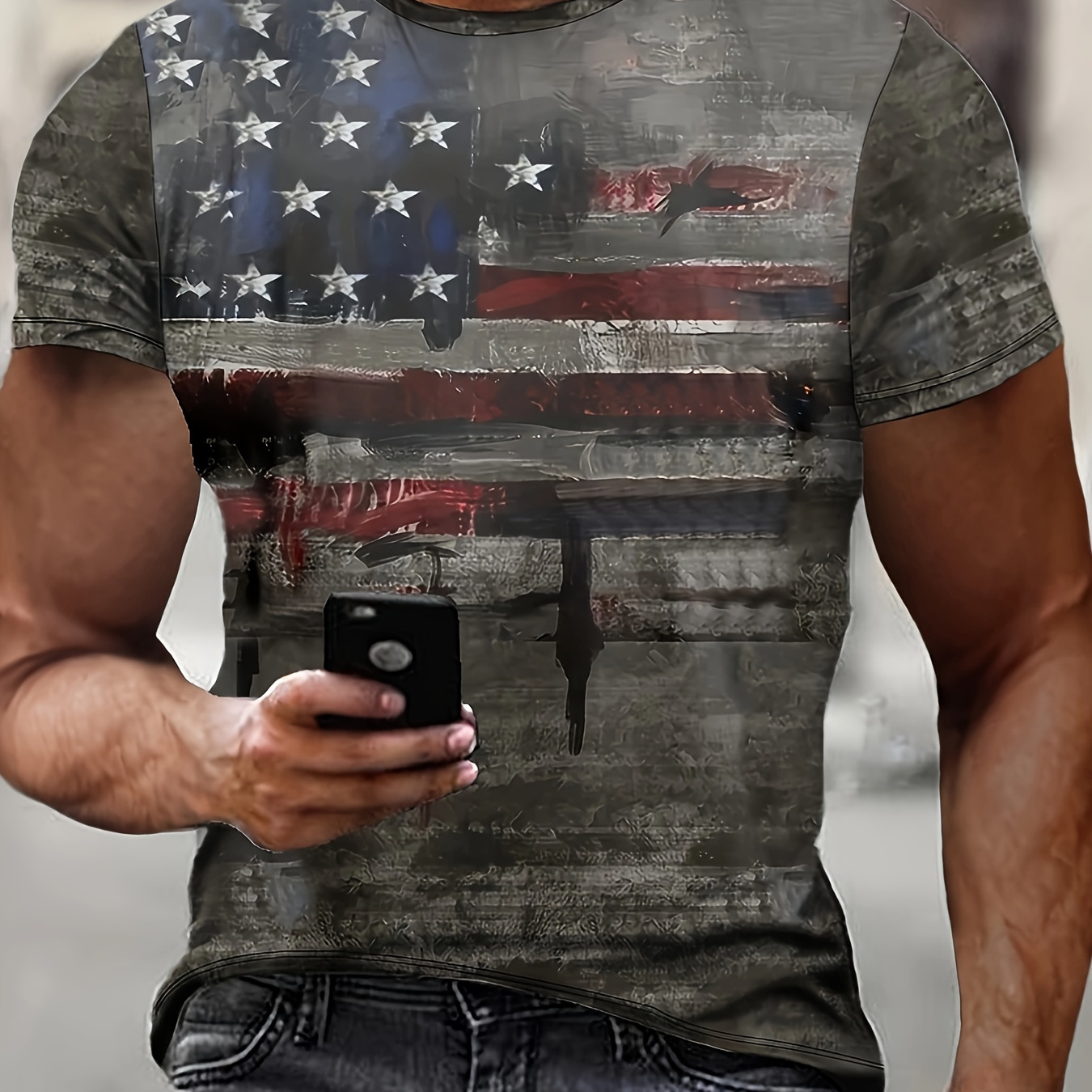 

Men's Patriotic Print T-shirt - Distressed American , Casual Short Sleeve Summer Tee, Lightweight Polyester , Round Neck, Machine Washable, Outdoor Clothing | American Flag Tshirt | Stretchable Fabric