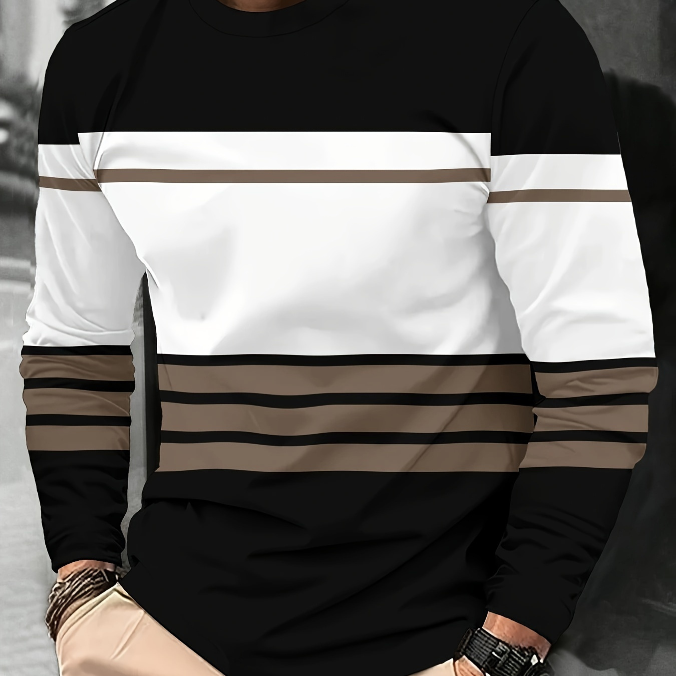 

Men's Casual Sporty Long Sleeve T-shirt With Black & White Print - Crew Neck, Polyester , Machine Washable - Spring/fall