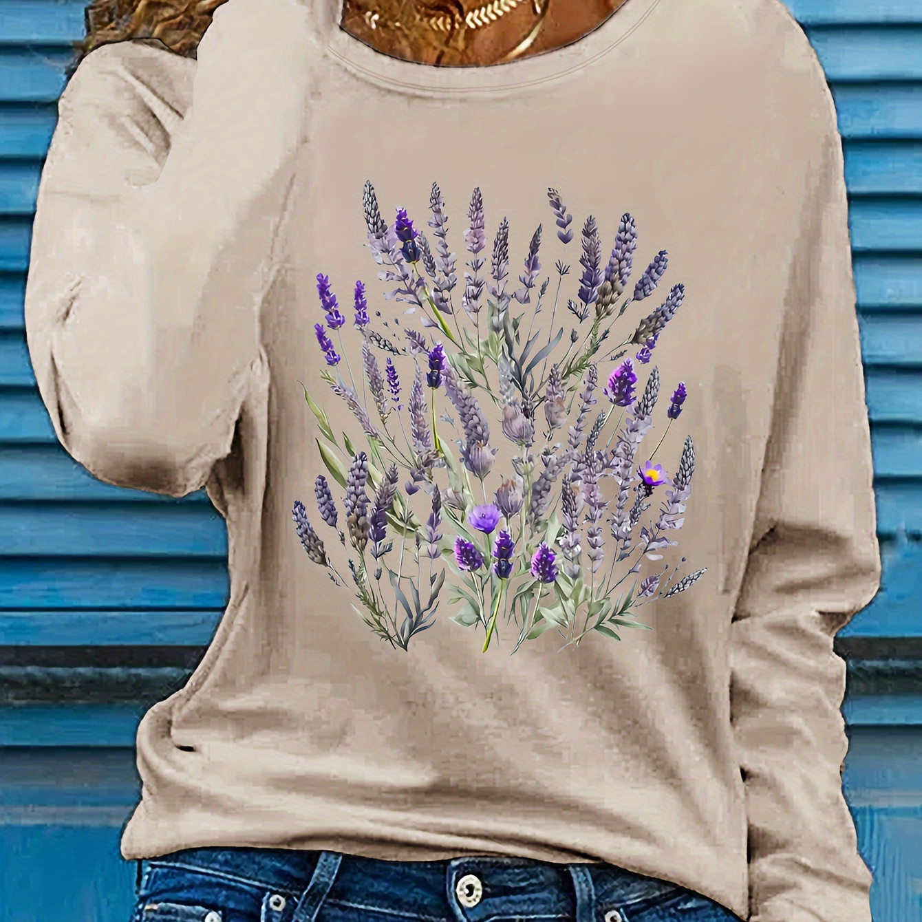 

Ladies' Floral Print Long Sleeve T-shirt - Soft Viscose Fabric, Round Neckline, Long Sleeves, , No Padded Shoulder, No Belt, Fall Season