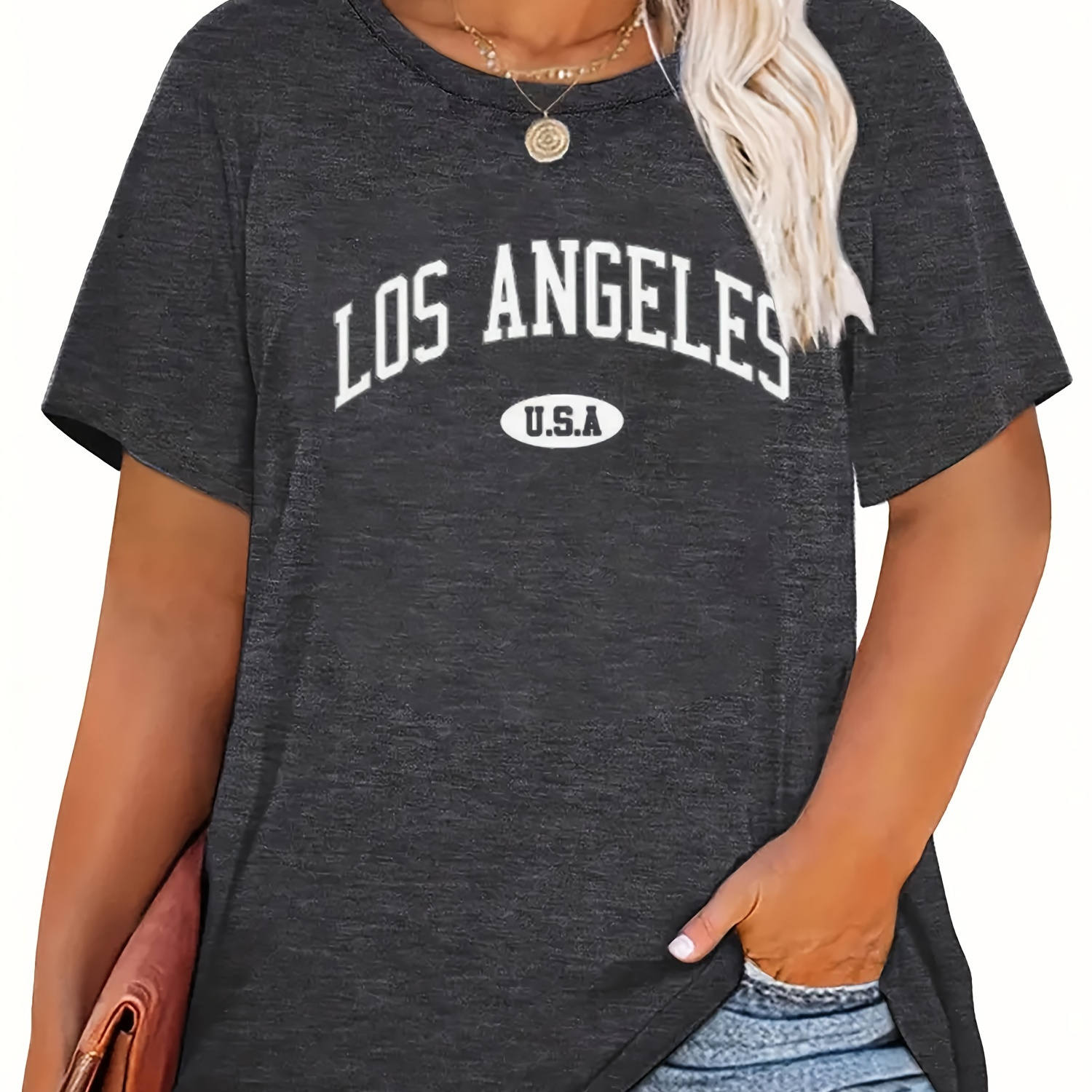 

Plus Size Letter Los Angeles Print T-shirt, Casual Short Sleeve Top For Spring & Summer, Women's Plus Size Clothing