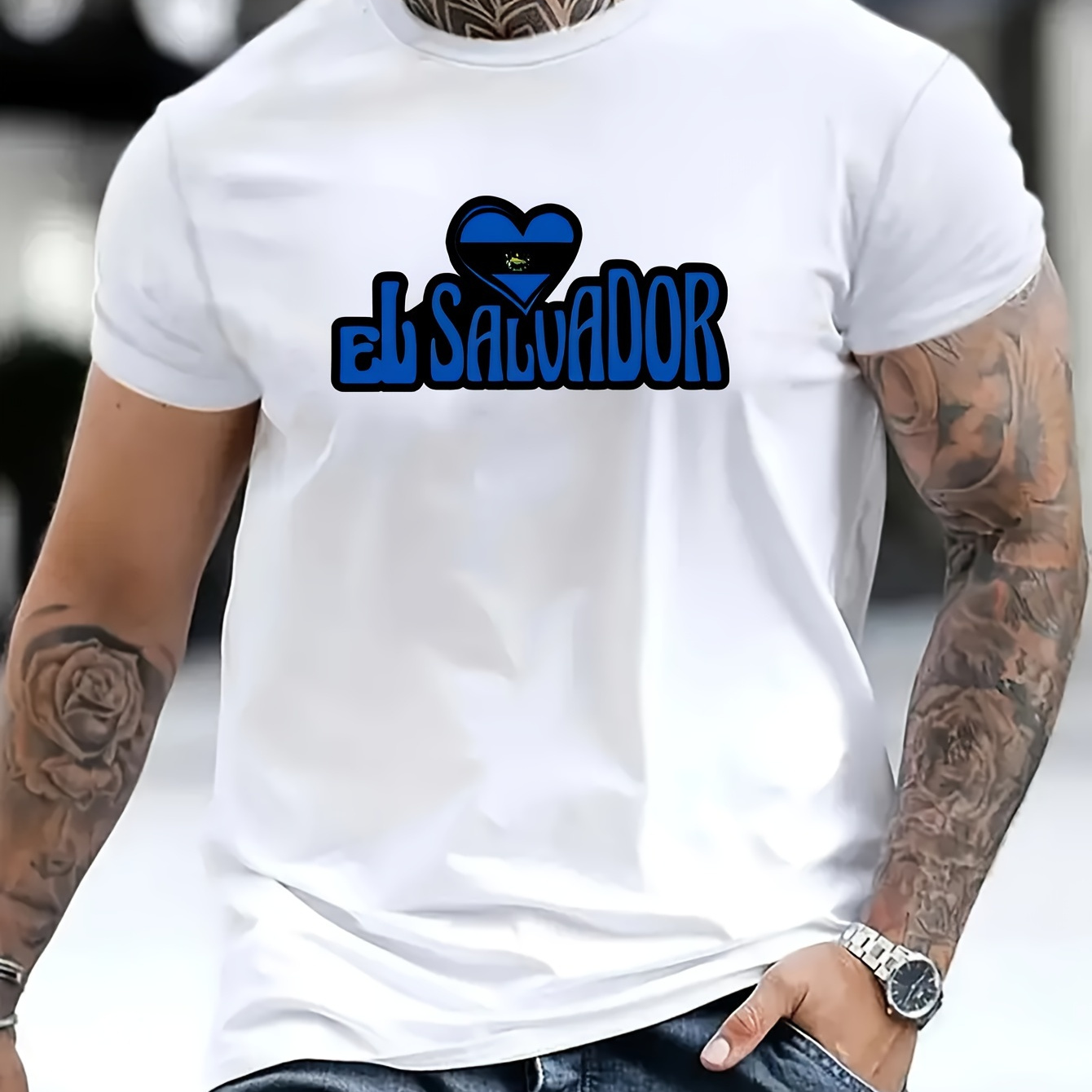 

El Salvador Letter Print Men's Casual & Comfortable Crew Neck Short Sleeve T-shirt, Suitable For Summer Outdoor Activities