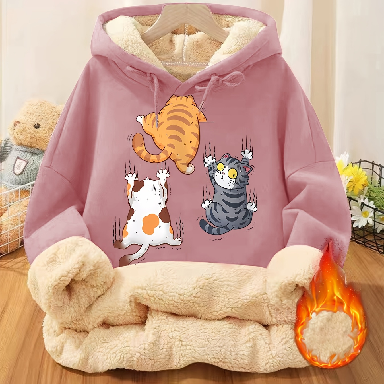 

Cozy & Stylish Women's Hoodie With Cute Cat Print - Casual Fleece-lined Pullover With Kangaroo Pocket, Fall/winter, Comfortable, Rope, Thickened