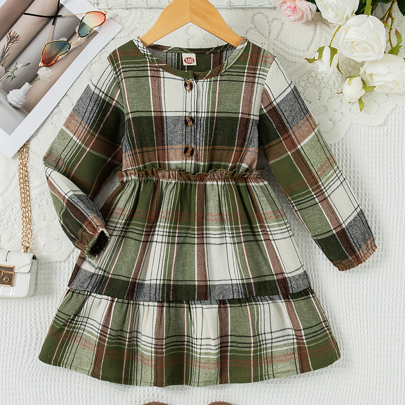 

Girls Stylish & Casual Long Sleeve Plaid Pattern Button Up Ruffle Spliced Dress For Spring & Fall Outdoors