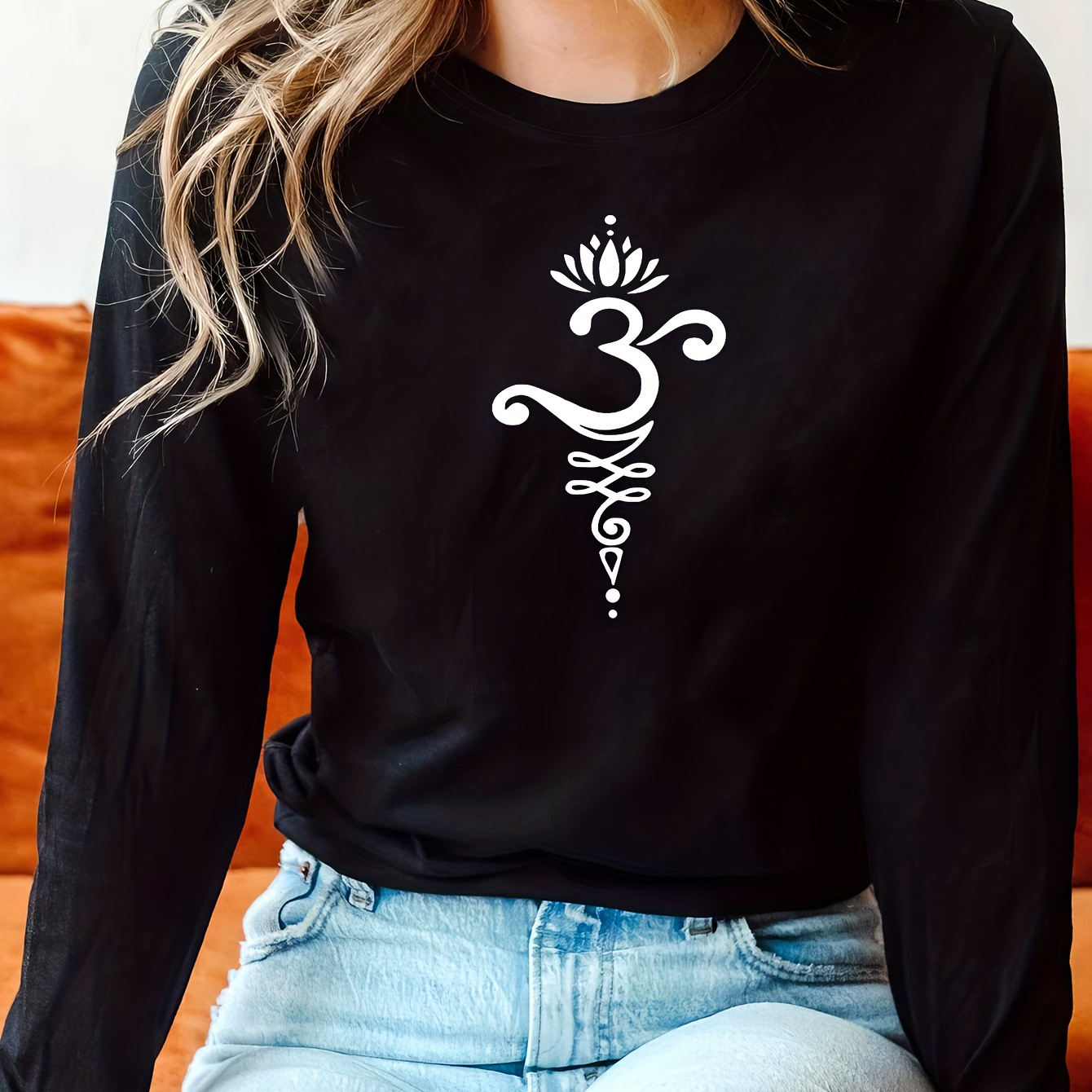 

Yoga Breathe Print Print T-shirt, Long Sleeve Crew Neck Casual Top For Spring & Fall, Women's Clothing