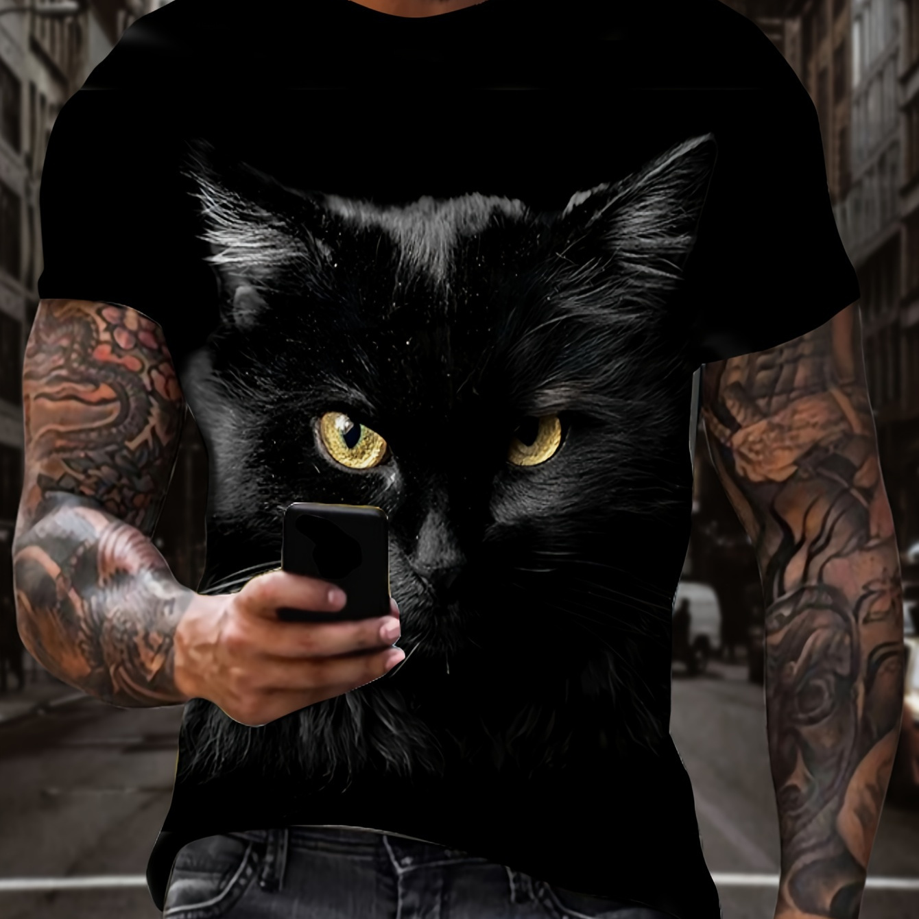 

Black Cat 3d Printed Crew Neck Short Sleeve T-shirt For Men, Casual Summer T-shirt For Daily Wear And Vacation Resorts