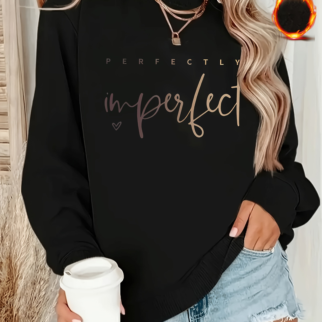 

Cozy Fleece-lined Women's Sweatshirt With Gradient Letter Print - Casual Crew Neck Pullover In Black, Burgundy, Pink, Apricot, Grey - Machine Washable