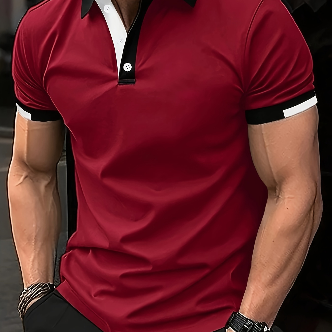 

Color Block Men's Short Sleeve Lapel Shirt, Summer Outdoor Sports Leisurewear