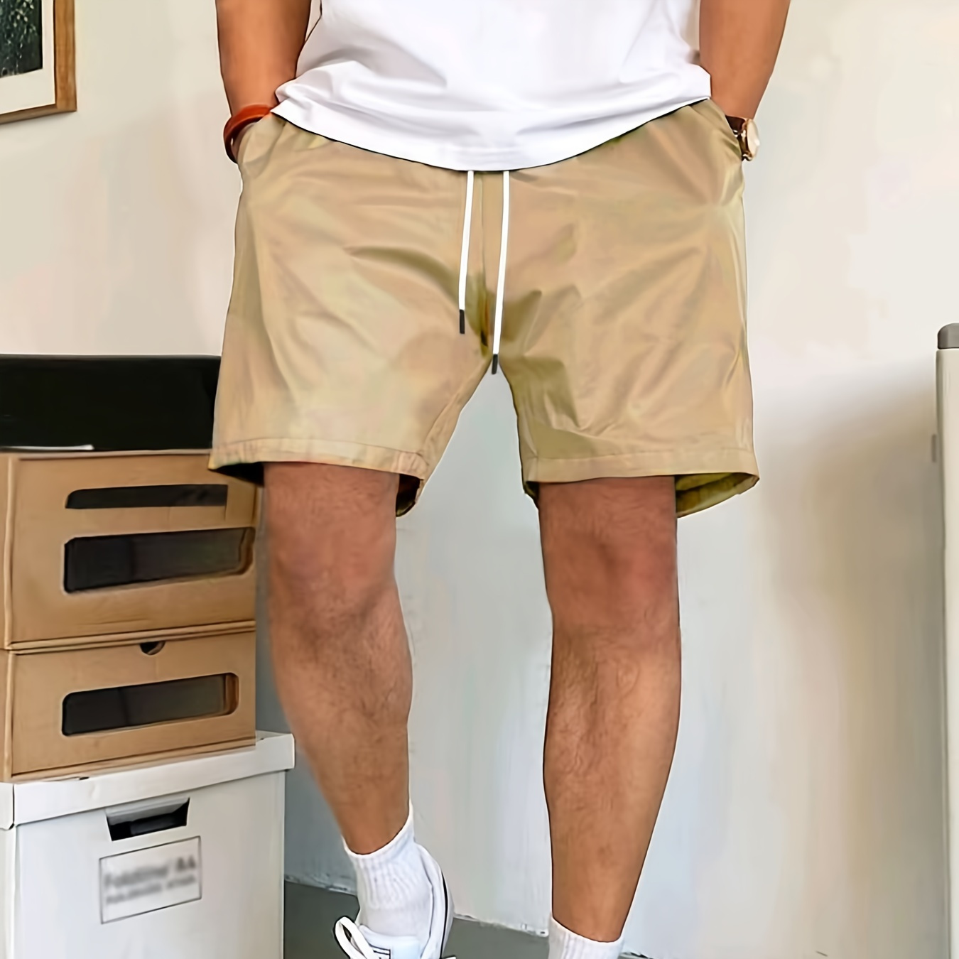 

Classic Design Breathable Pleated Shorts, Men's Casual Solid Color Waist Drawstring Shorts For Summer Beach Resort