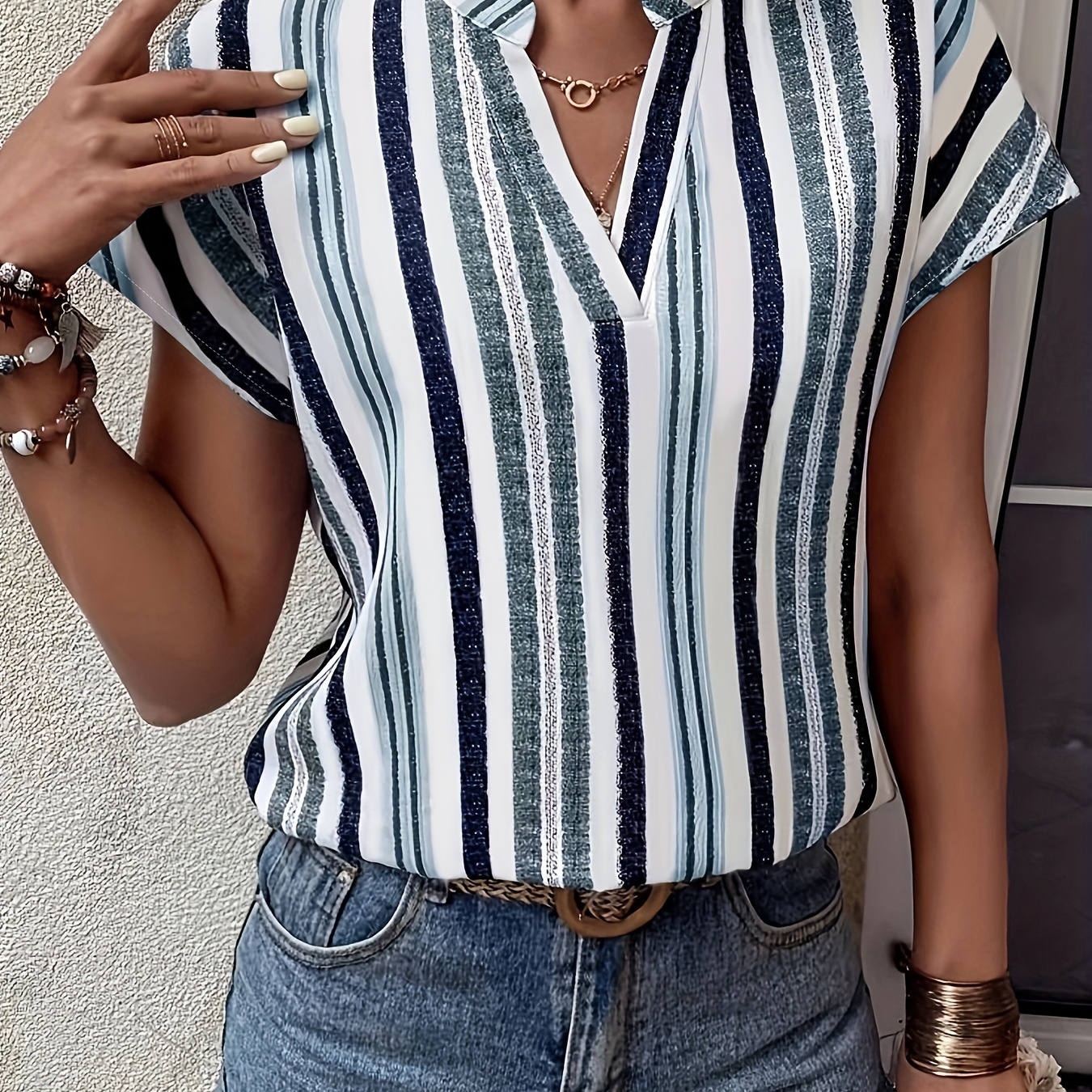 

Striped Print Notched Neck Blouse, Casual Short Sleeve Blouse For Spring & Summer, Women's Clothing