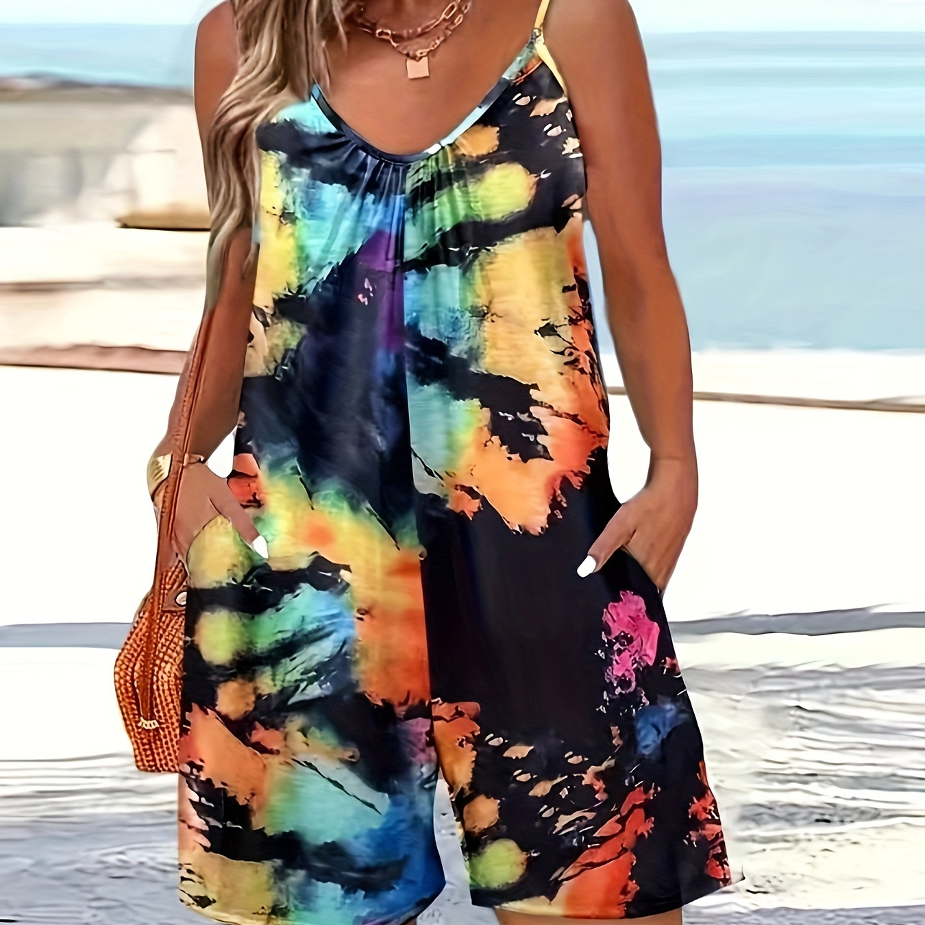 

Plus Size Tie Dye Print Slip Romper, Casual Ruched Sleeveless Pockets Romper, Women's Plus Size clothing