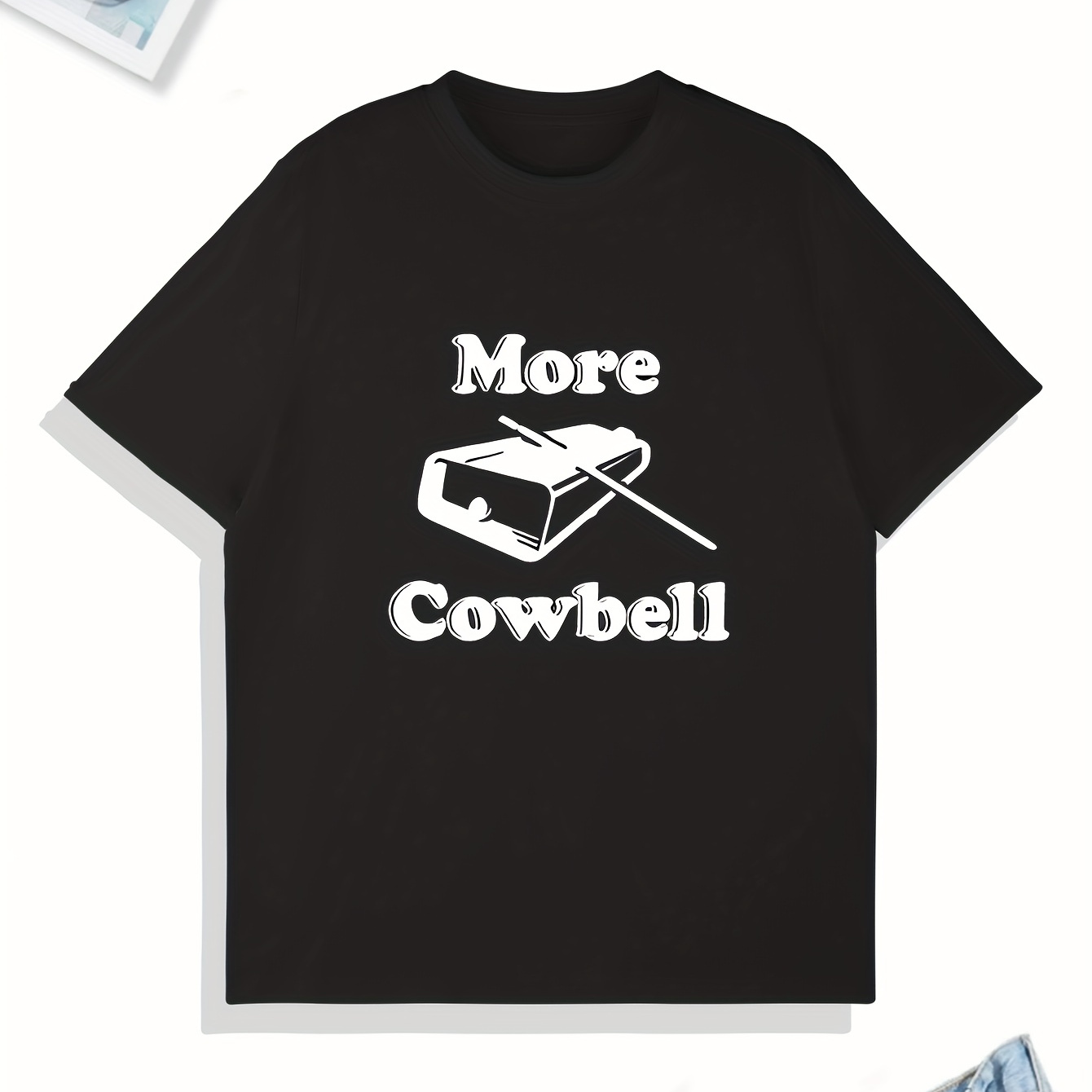 

Creative More Cowbell Letter Print T-shirt, Stylish & Breathable Street , Simple Comfy Top, Casual Crew Neck Short Sleeve T-shirt For Summer