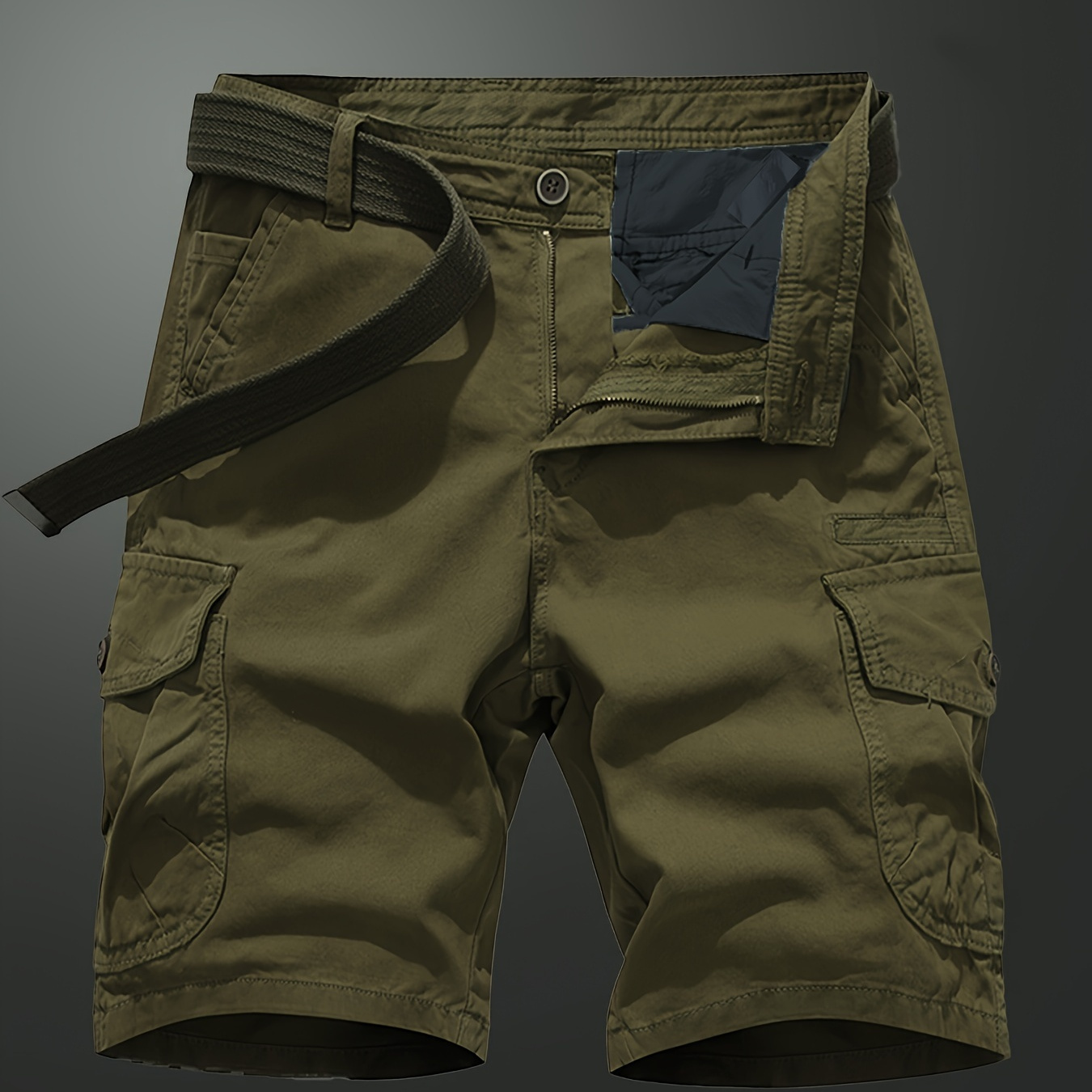 

Solid Cargo Men's Cotton Comfy Five-point Shorts With Multiple Pockets, Summer Outdoor Workwear, Without Belt