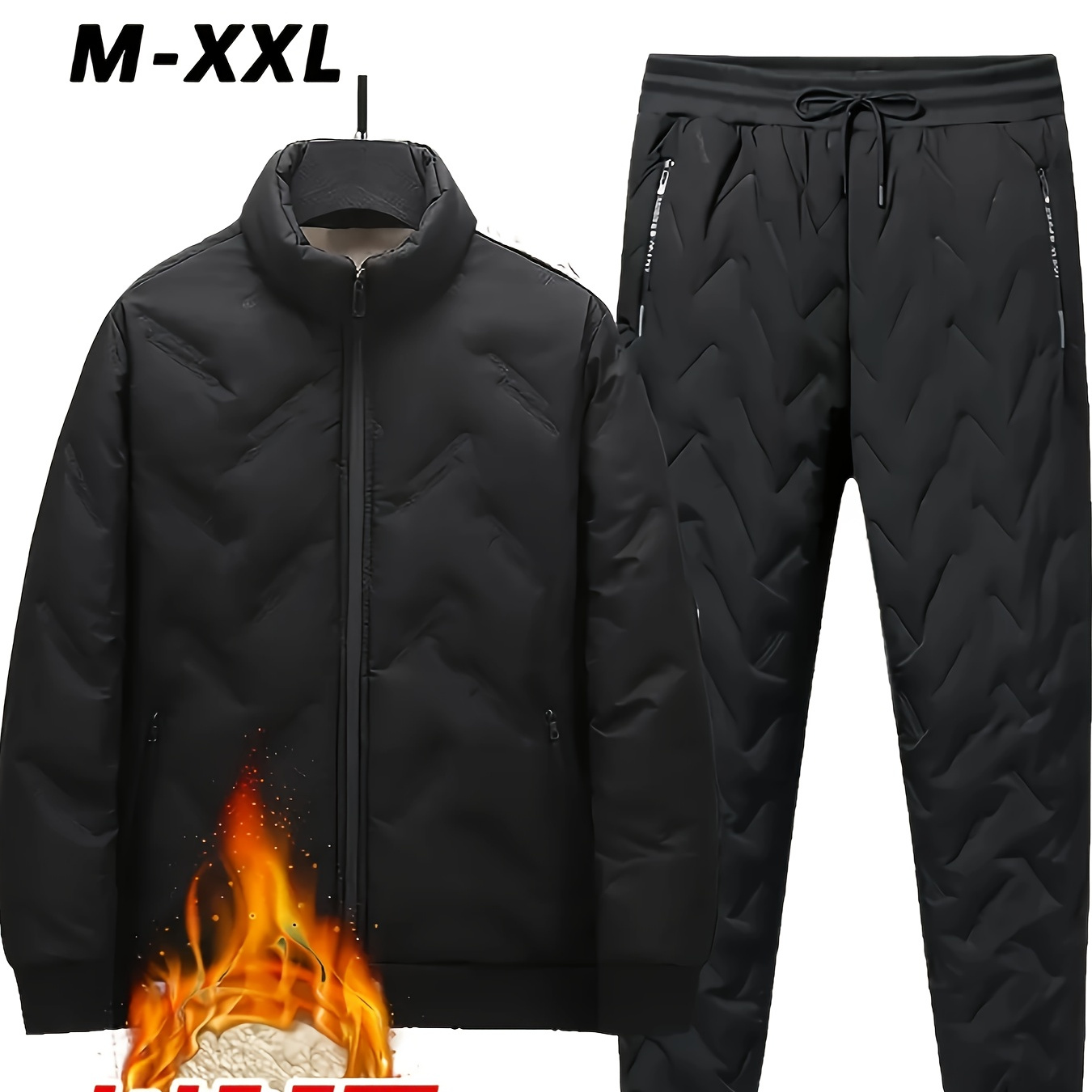 

Men's Fleece-lined Casual Outfit Set - Zip-up Jacket & Pants With Pockets, Fall/winter