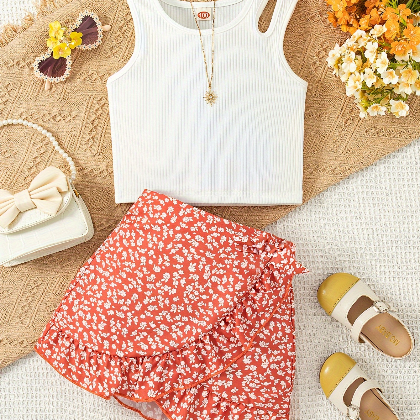 

2pcs Sleeveless Top T- & Bow Decor Ditsy Pattern Two- Set For Summer