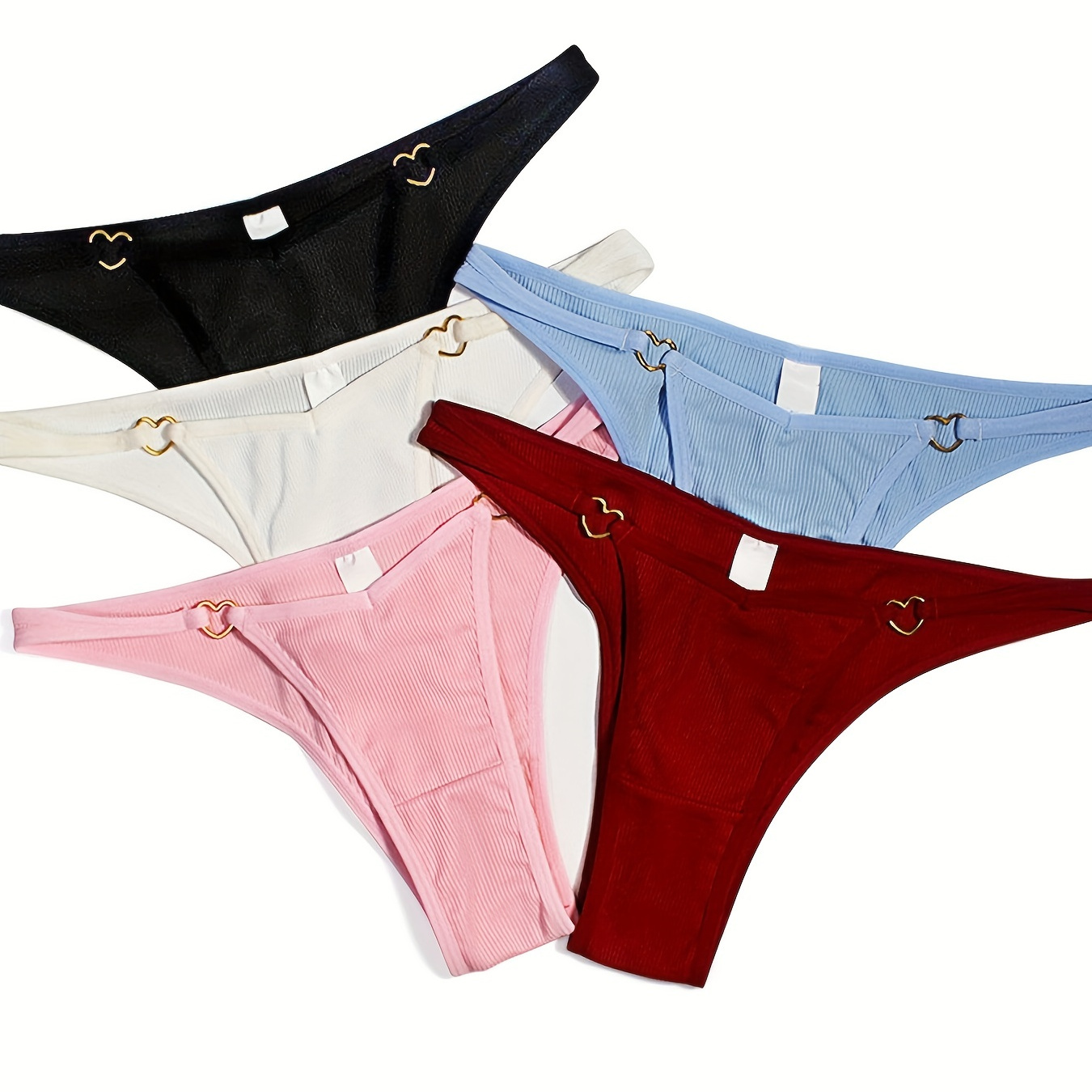 5pcs Heart Ring Linked Panties, Low Waist Stretch Panties, Women's Lingerie & Underwear