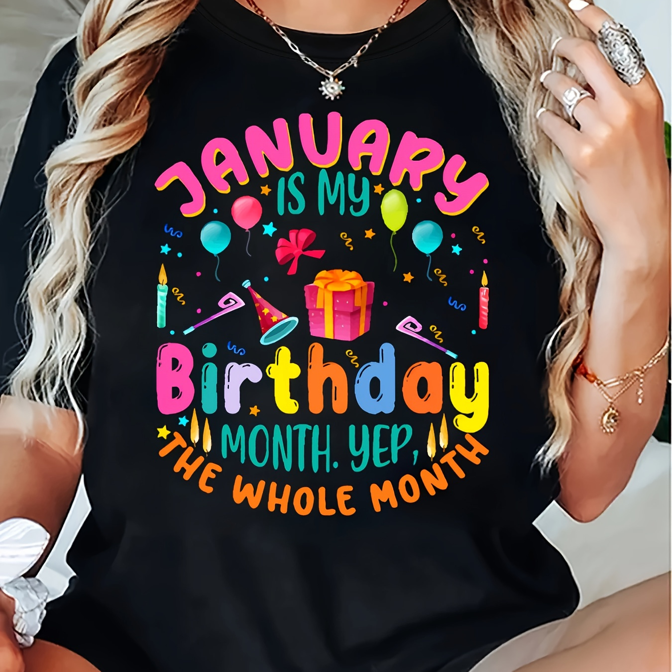 

Is My Birthday" Letter Print Short Sleeve Fashion Oversized Slim Fit Round Neck T-shirt, Polyester Casual Crew Neck Pattern Women's Top