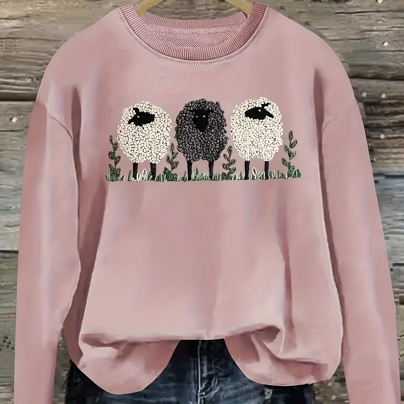 

Casual Crew Neck Sweatshirt With Cartoon Sheep Print - 100% Polyester Knit Fabric, Long Sleeve Pullover For Fall/winter - " Grazing" Pattern