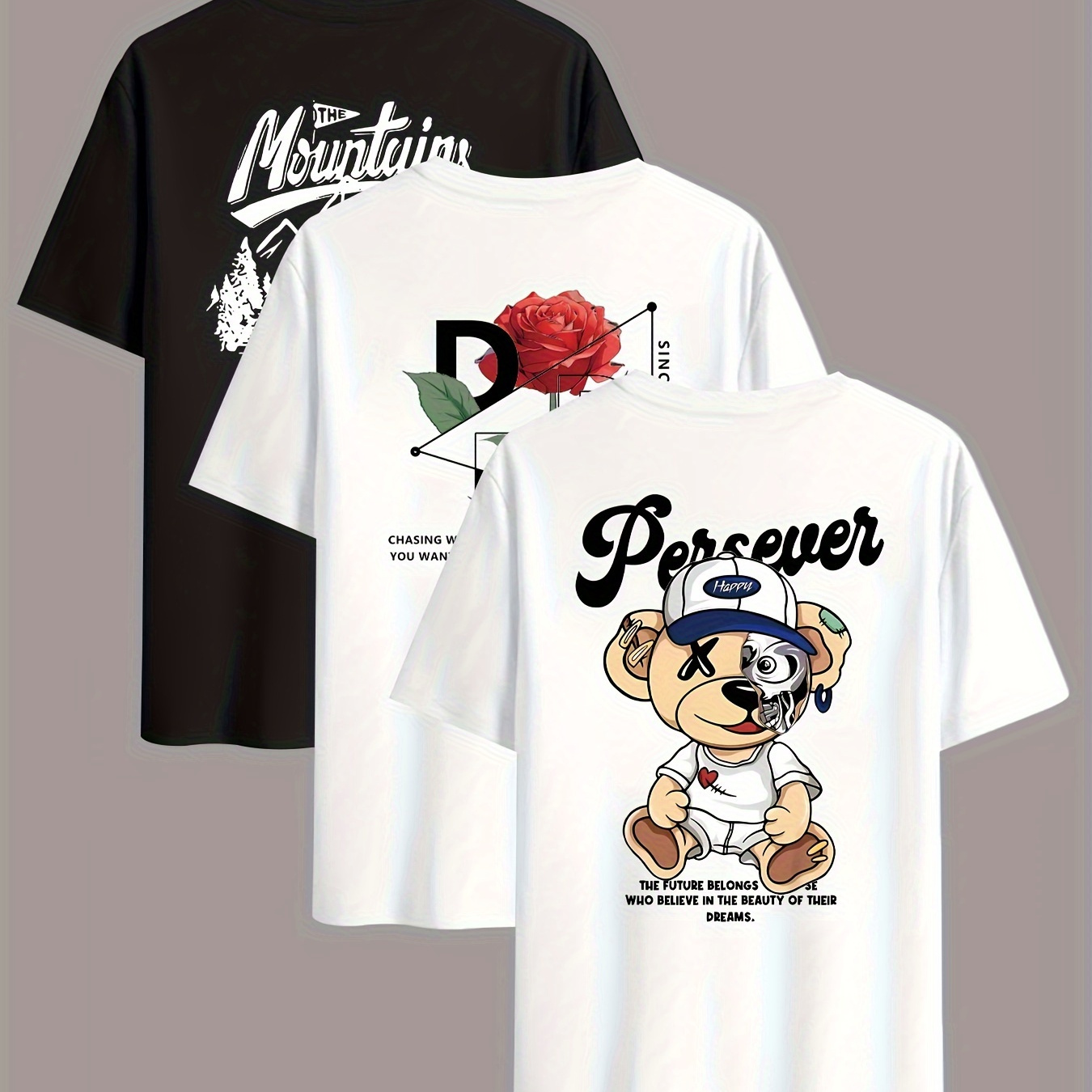 

3pcs T-shirt à manches courtes pour homme avec imprimé d' de lettres d' et de roses, col rond, confortable, avec motif tendance, adapté à un décontracté, à l'extérieur et aux activités à .