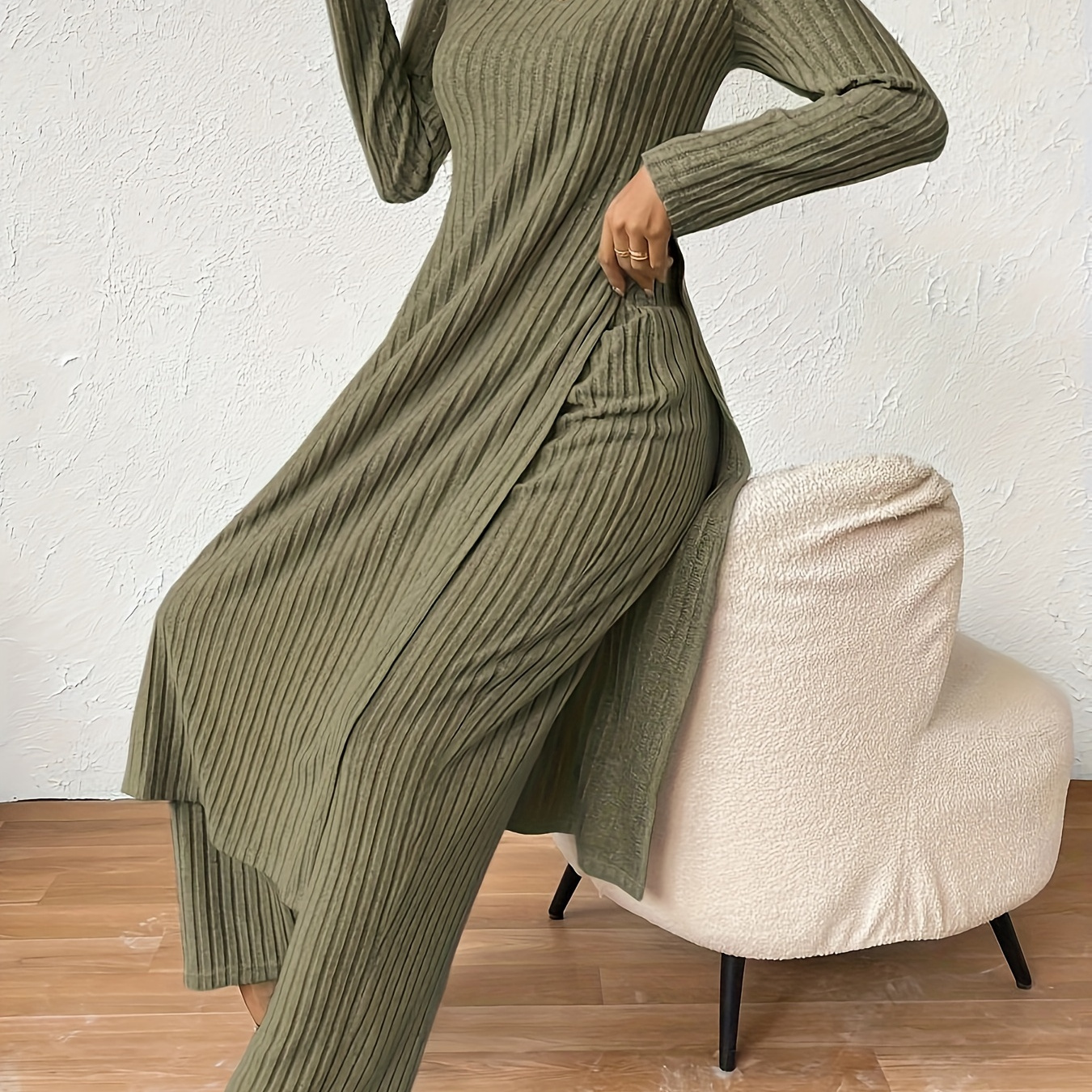 

Solid Color Rib Elegant Set, Crew Neck Slit Hem Long Sleeve Top & Straight Leg Pants, Women's Clothing