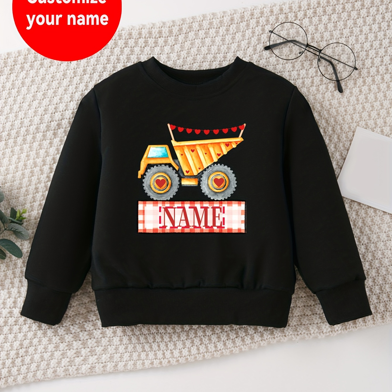 

Customizable Valentine's Day Boys' Sweatshirt - -colored Crew Neck Long Sleeve With Car & Heart Pattern, Personalized Name Option, Machine Washable, Valentine Sweatshirt