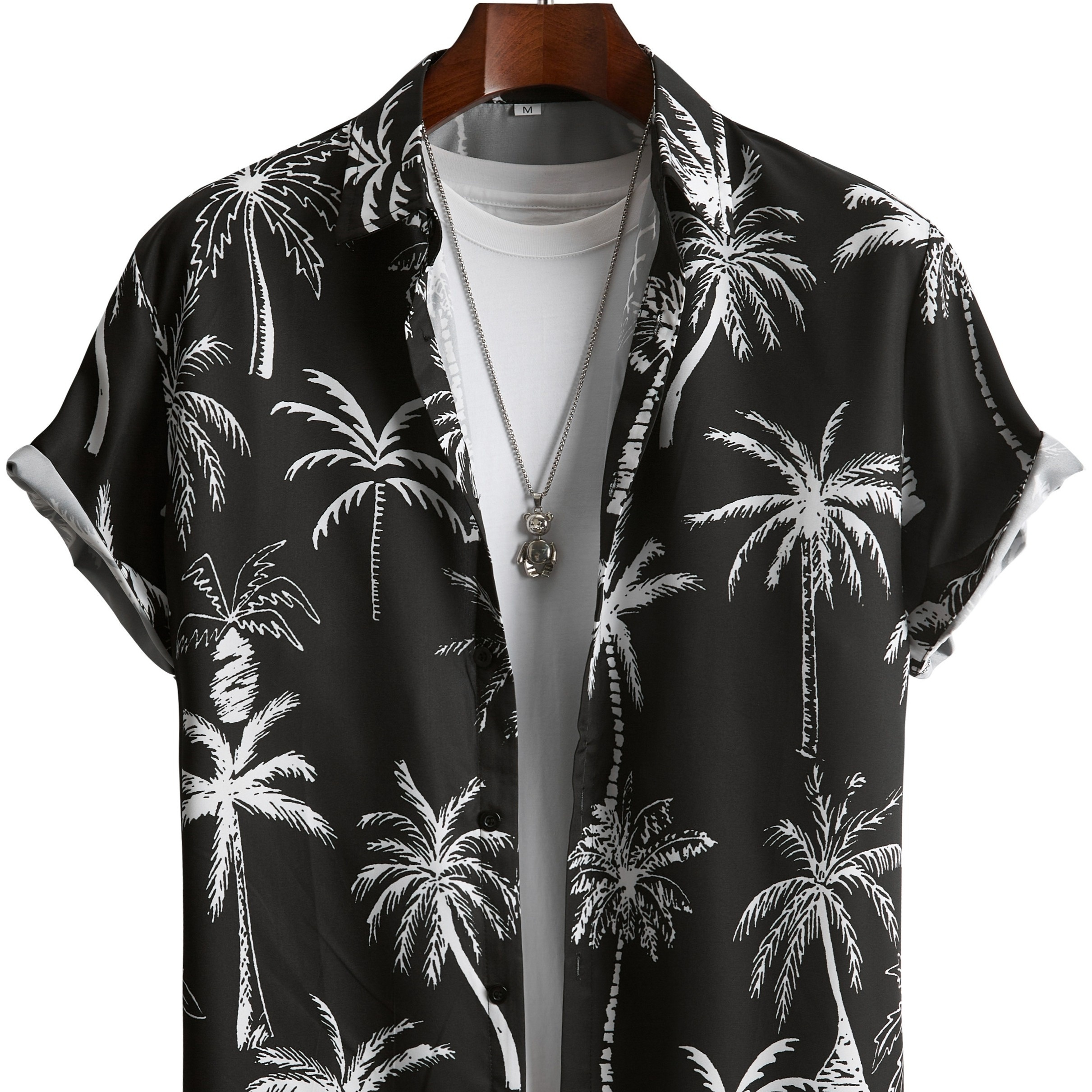

Anime Coconut Tree Print Men's Creative Short Sleeve Lapel Hawaiian Shirt, Summer Beach Vacation