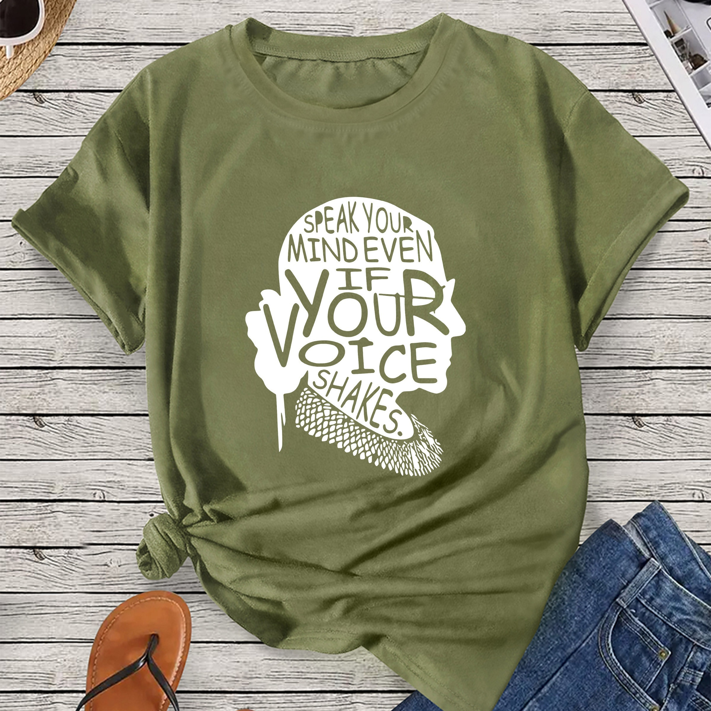 

Women's Inspirational , Round Neck, Short Sleeve, Casual Fashion, Vintage Elegant Top, "speak Your Mind Even If Your Voice Shakes" Print