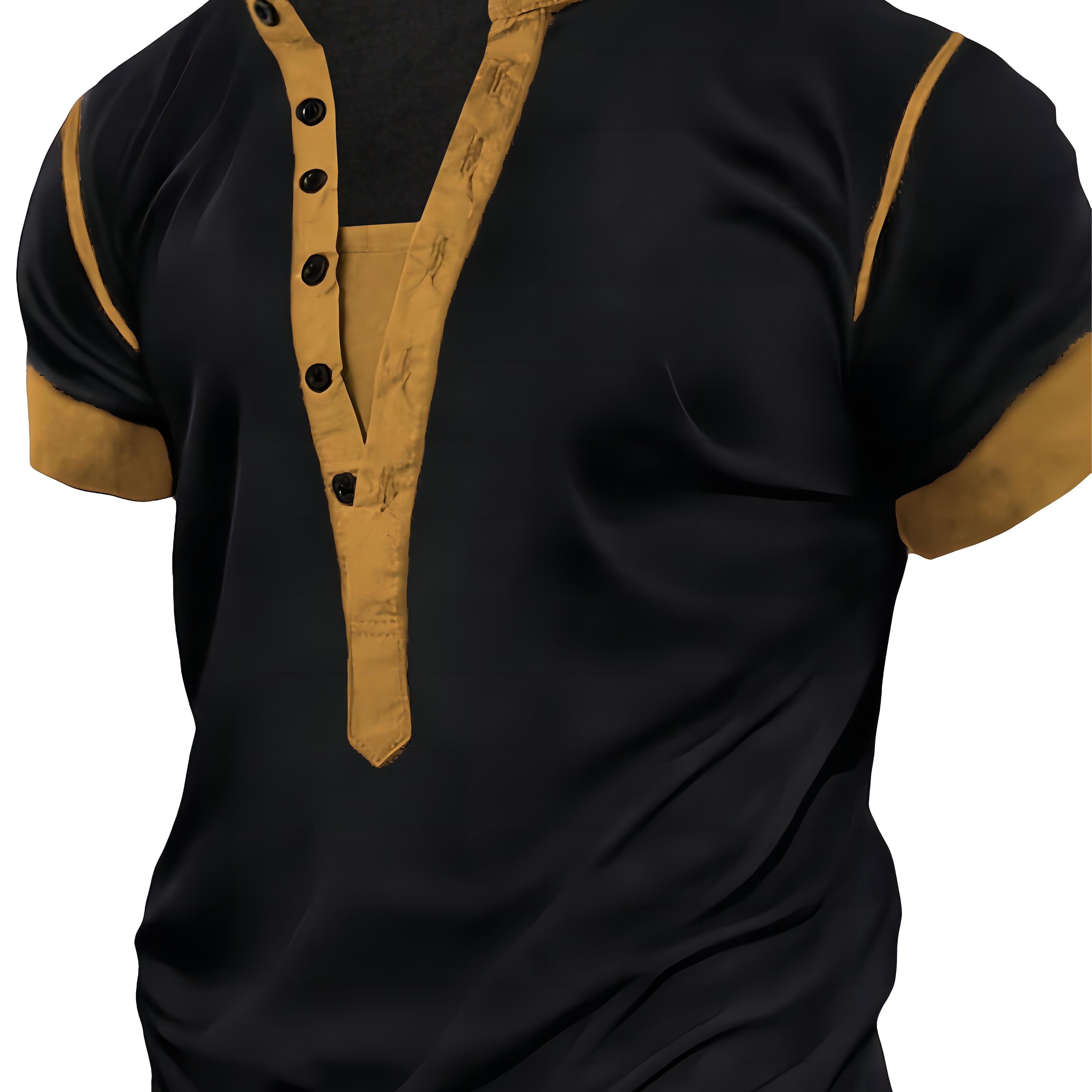 

Plus Size Men's Henley Shirt - Sporty Black With Golden Accents, Regular V-neck, Short Sleeve, 100% Polyester, Machine Washable - Ideal For Summer Streetwear, Plus Size