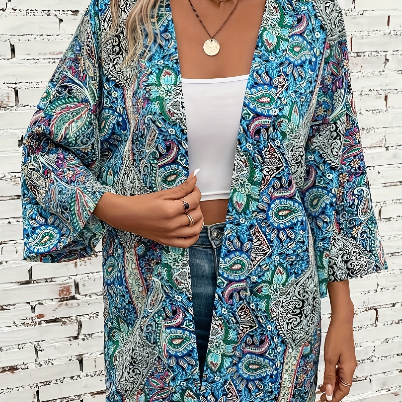 

Paisley Print Open Front Top, Elegant Long Sleeve Top For Vacation, Women's Clothing