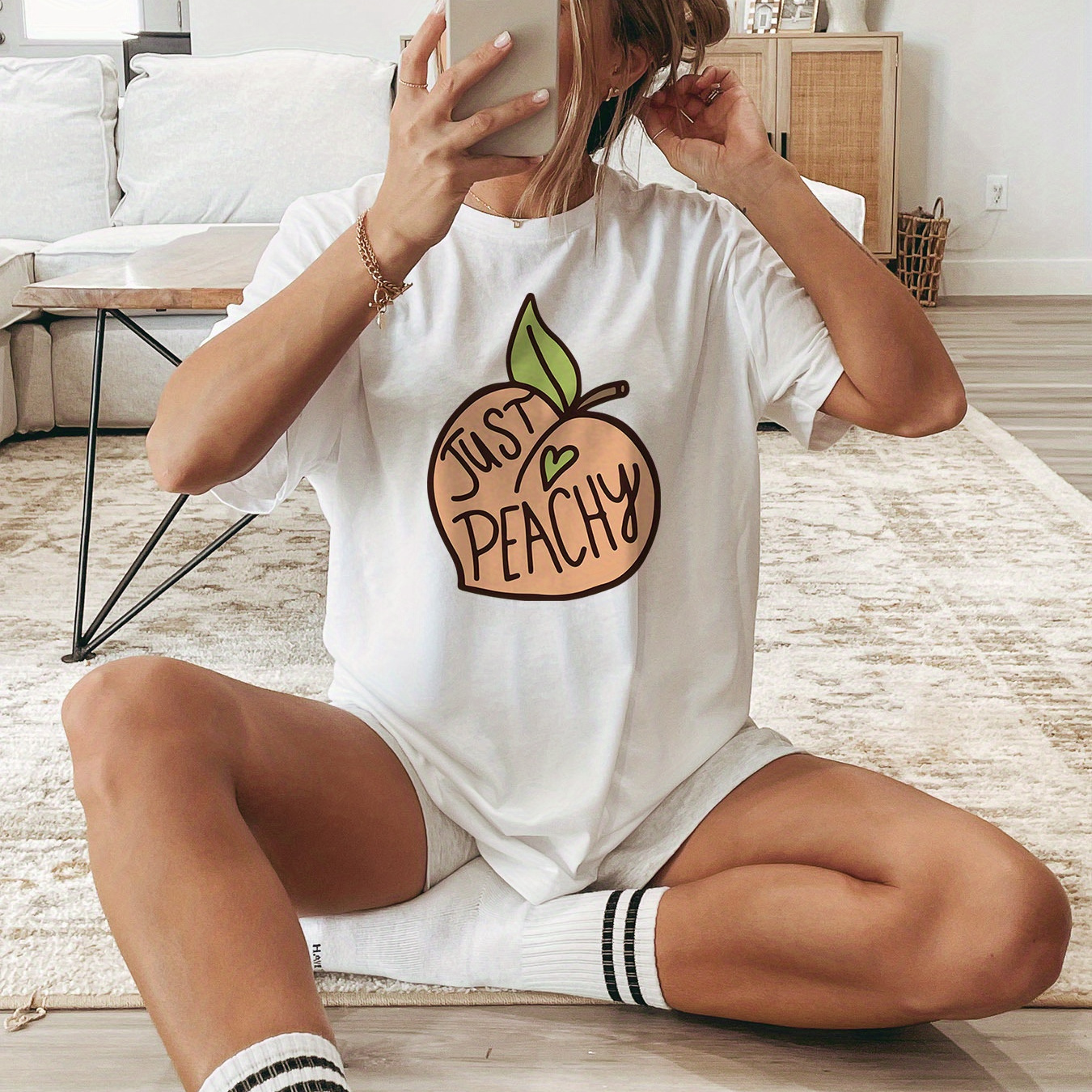 

Just Peachy Print T-shirt, Short Sleeve Crew Neck Casual Top For Summer & Spring, Women's Clothing