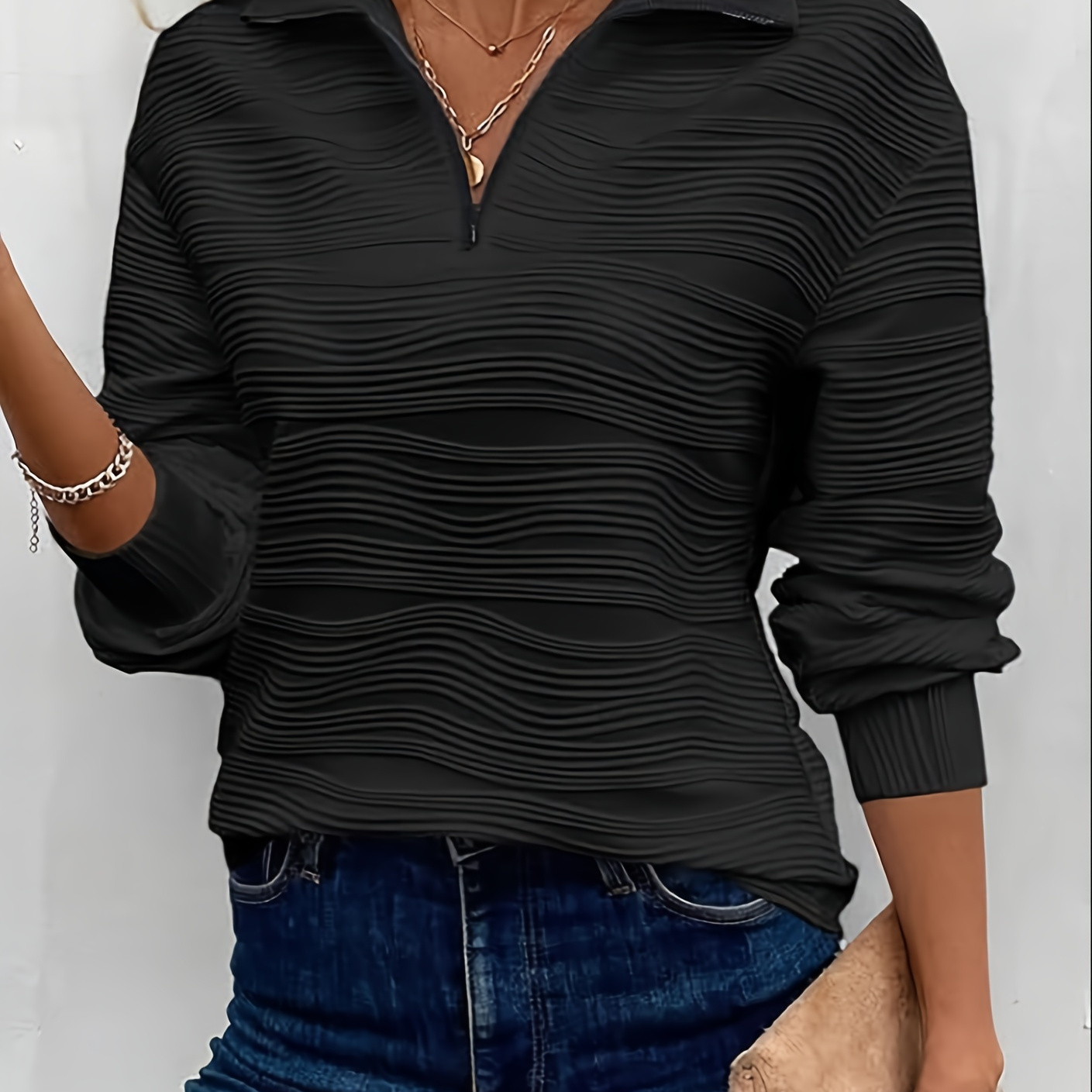 

Plus Size Elegant V-neck Zipper Pullover Sweatshirts - 95% Polyester 5% Spandex Knit Fabric With Slight Stretch, Solid Color Ribbed Texture For Fall/winter