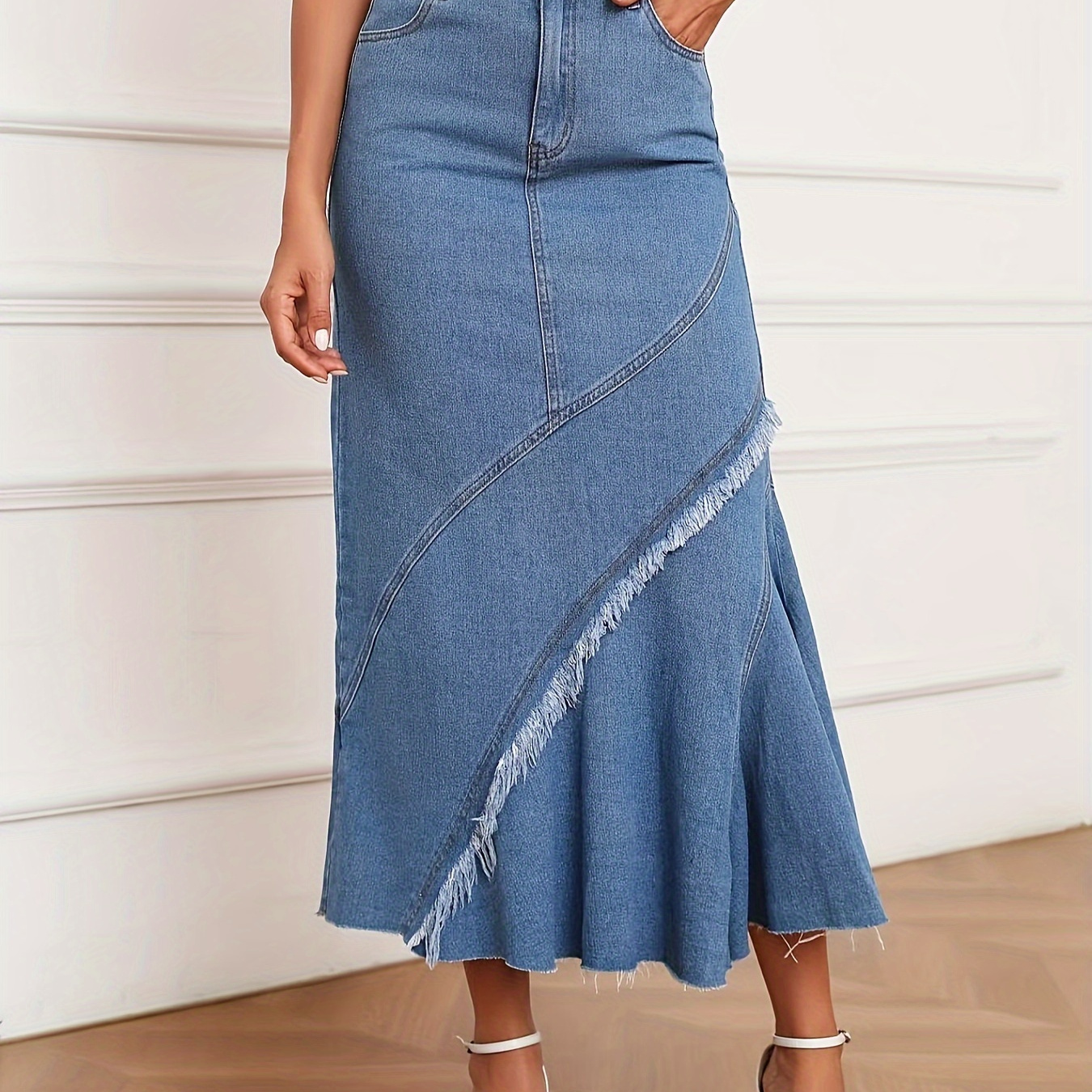 

Raw Trim Asymmetric Washed Blue Elegant Maxi Denim Skirt, Women's Denim Jeans & Clothing